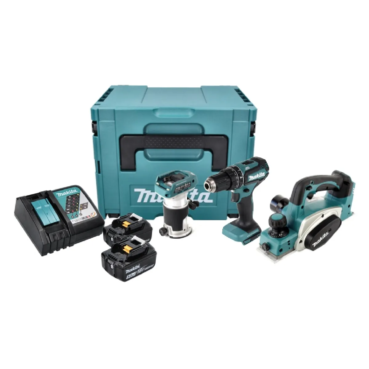 Makita DLX 3116 TJ Kit Combo Perceuse visseuse à percussion sans fil DHP 485 + Rabot sans fil DKP 180 + Fraiseuse multifonctions sans fil DRT 50 + 2x batterie 5 0 Ah + chargeur + Makpac