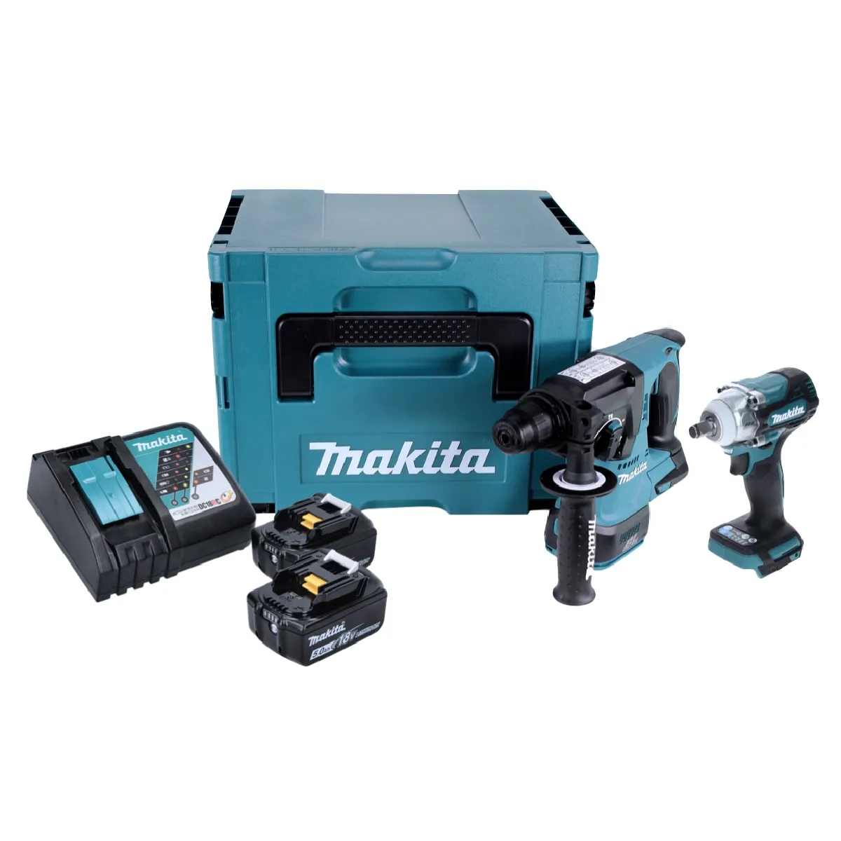 Makita DLX 2372 TJ Kit Combo Marteau perforateur sans fil DHR 242 + Clé à chocs sans fil DTW 300 + 2x batterie 5 0 Ah + chargeur + Makpac