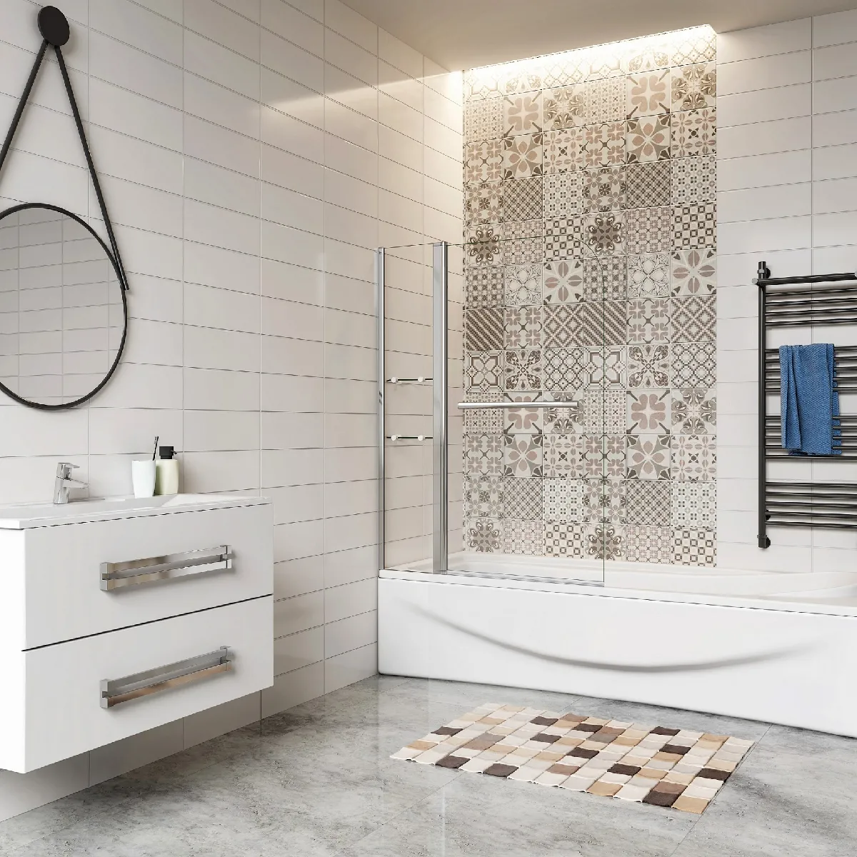 Pare-baignoire 100cm pivotant 180° en verre trempé clair Hauteur 140cm écran de douche avec les étagères