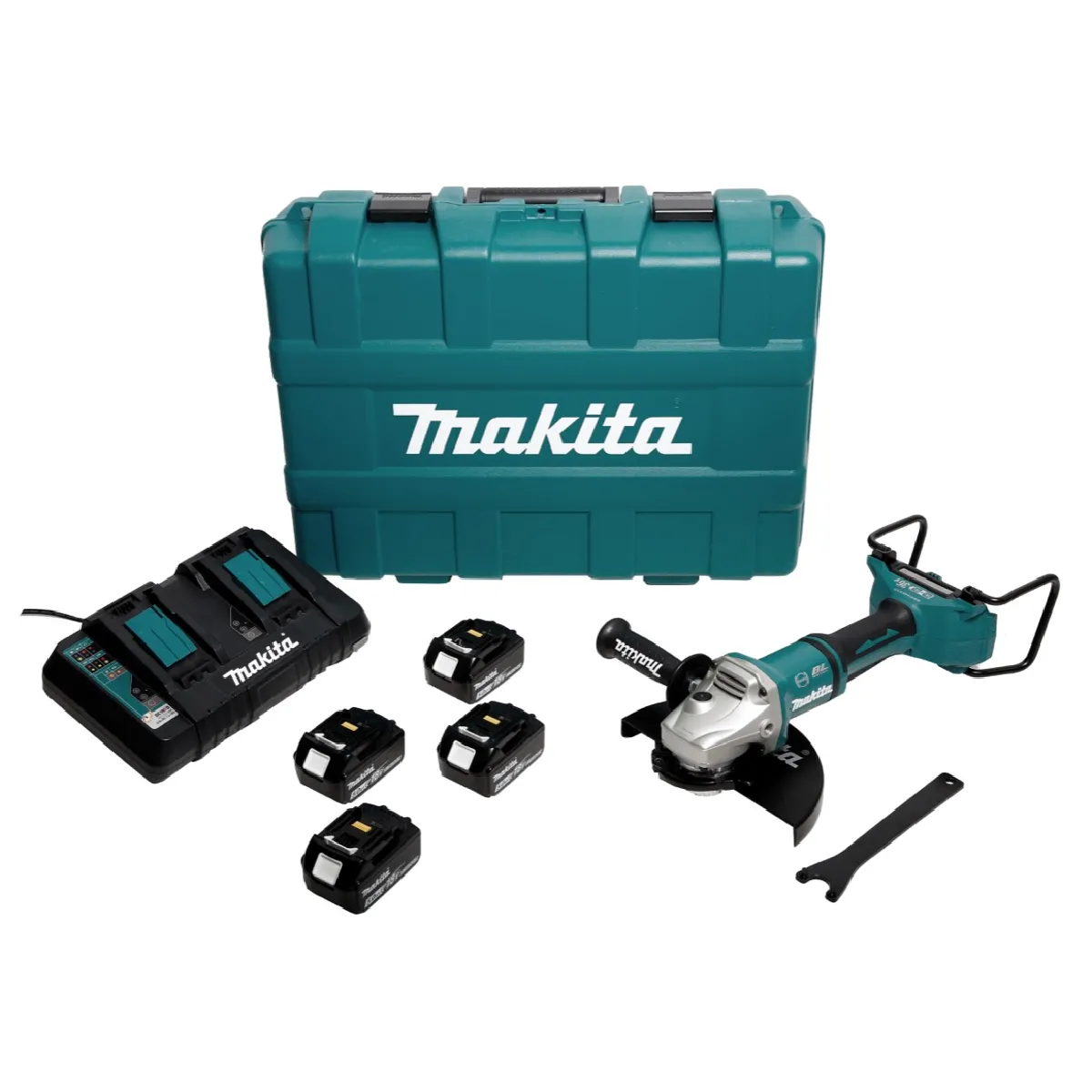 Makita DGA 900 PT4KX2 Meuleuse d'angle sans fil 36V 2x18V 230mm Brushless + 4x Batteries 5 0Ah + Chargeur double + Écrou de serrage rapide ''Ezynut'' + Coffret