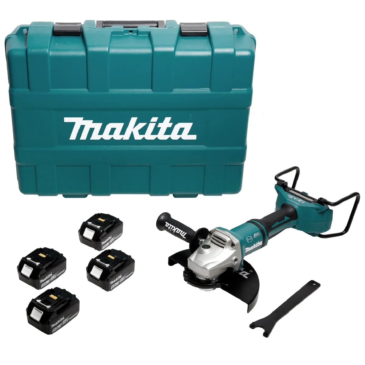 Makita DGA 900 T4KX2 Meuleuse d'angle 36V 2x18V 230mm Brushless + 4x Batteries 5 0Ah + Écrou de serrage rapide ''Ezynut'' + Coffret de transport sans chargeur