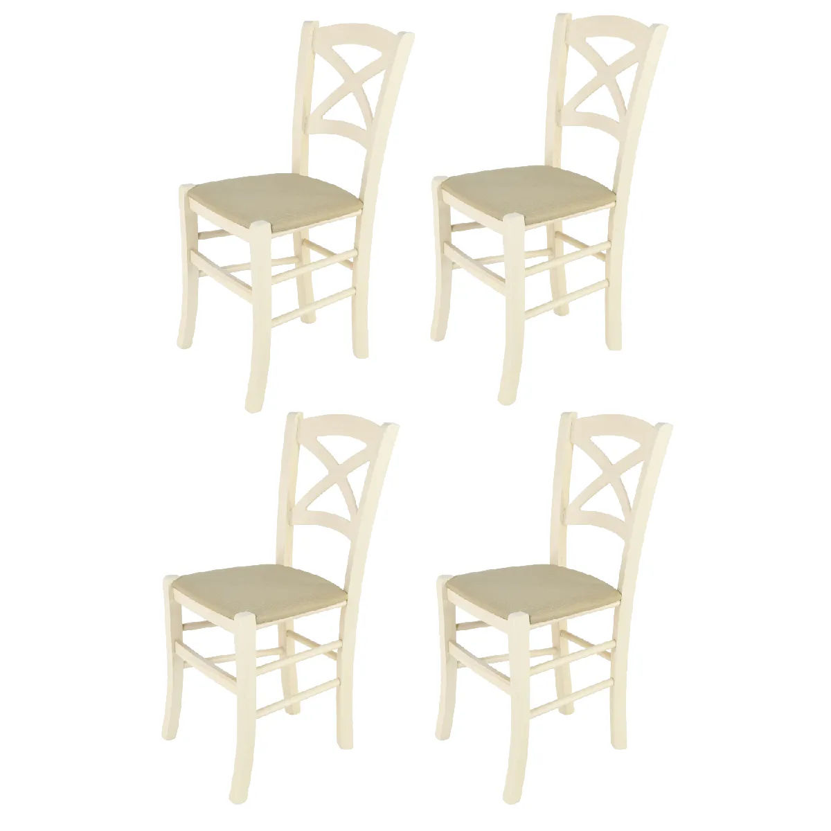 Tommychairs - Set 4 chaises CROSS structure en hêtre peindré aniline blanche, assise revêtue en tissu couleur chanvre