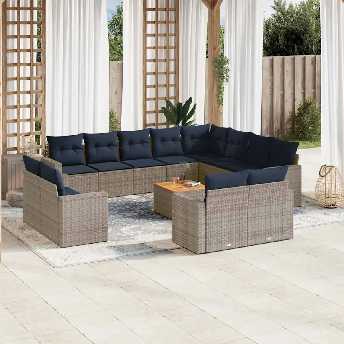 vidaXL Salon de jardin avec coussins 13 pcs gris résine tressée