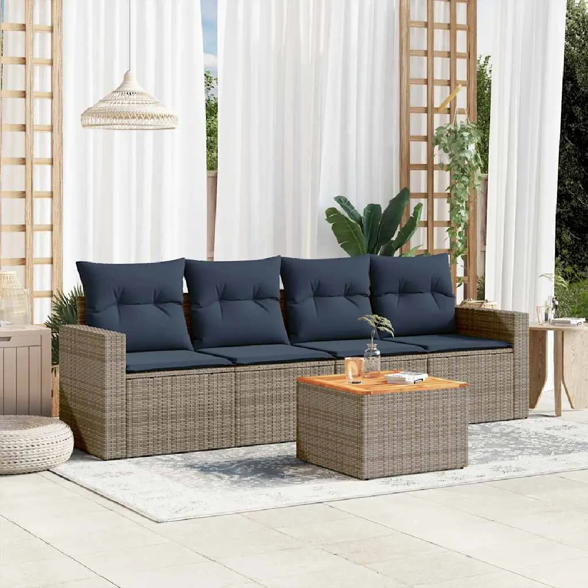 vidaXL Salon de jardin 5 pcs avec coussins gris résine tressée
