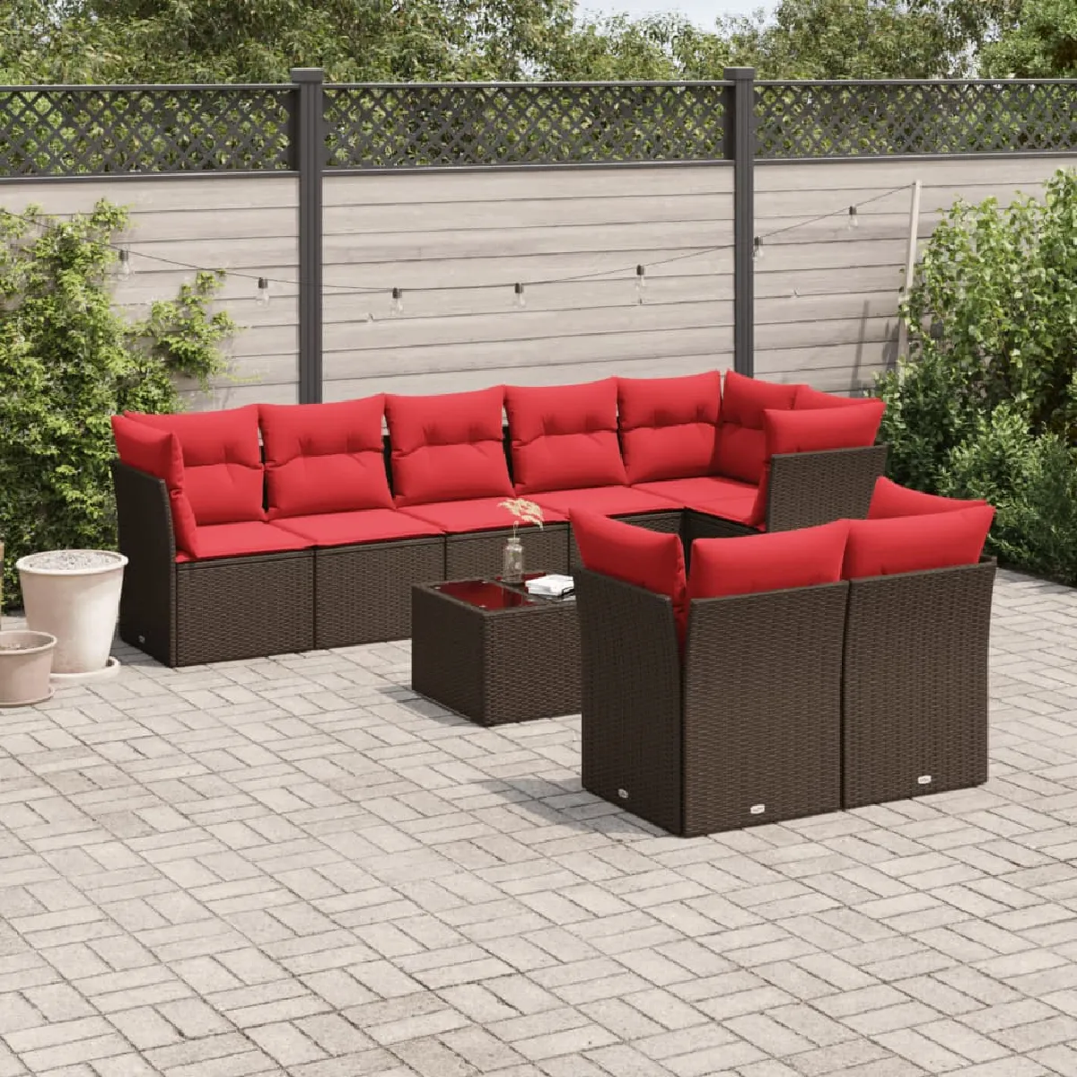 vidaXL Salon de jardin avec coussins 9 pcs marron résine tressée