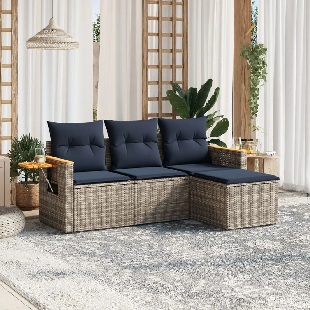 Vidaxl Gris Salon De Jardin 4 Pcs Avec Coussins Résine Tressée