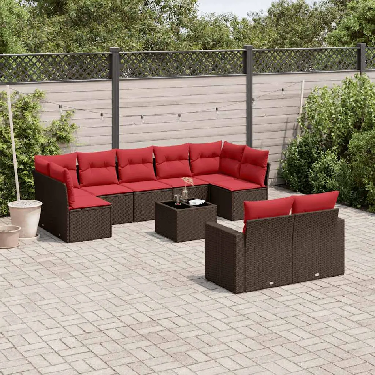 vidaXL Salon de jardin 10 pcs avec coussins marron résine tressée