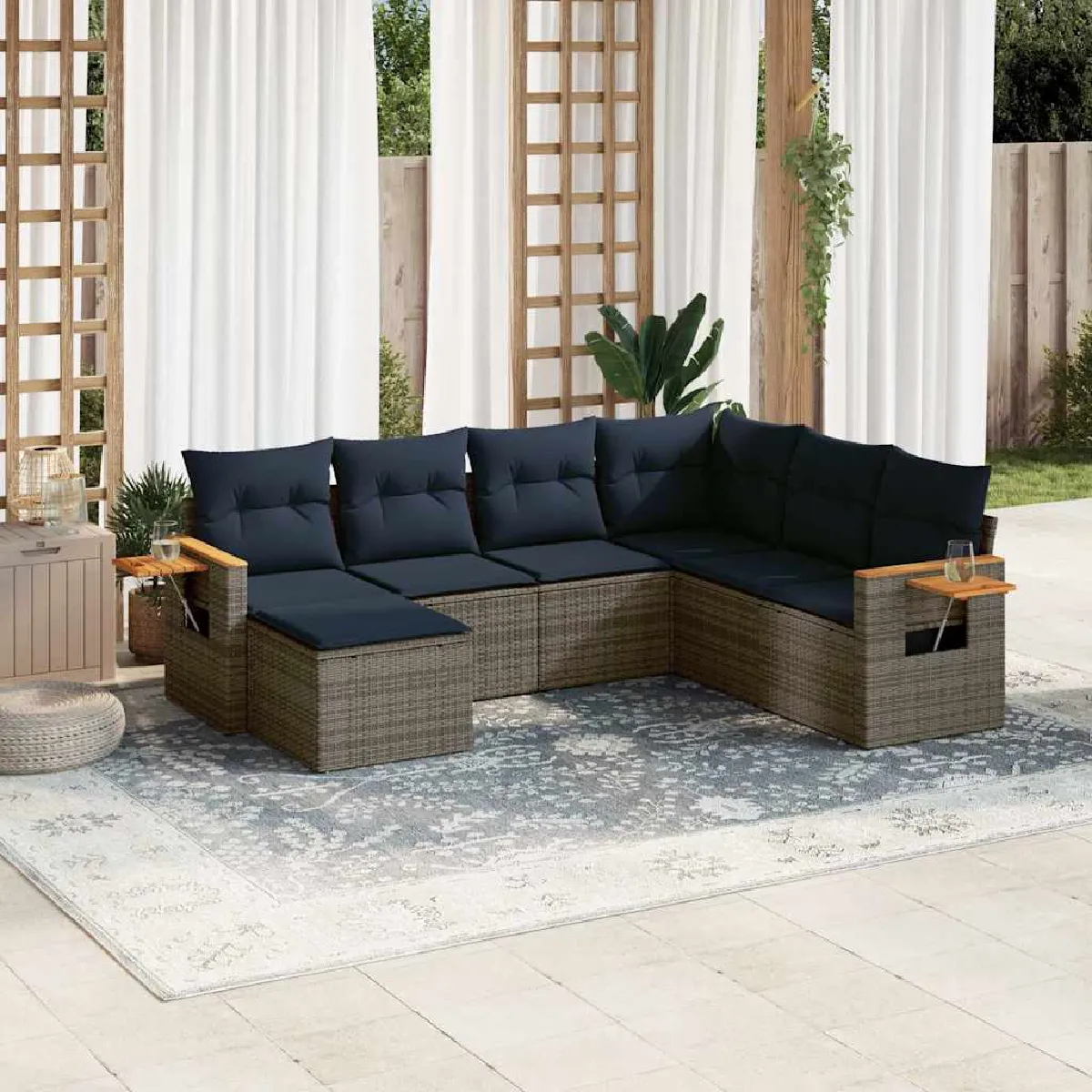 Vidaxl Gris Salon De Jardin Avec Coussins 7 Pcs, Canapés De Patio, Ensemble De Meubles, Mobilier De Terrasse Exterieur, 3227048 - Image 3