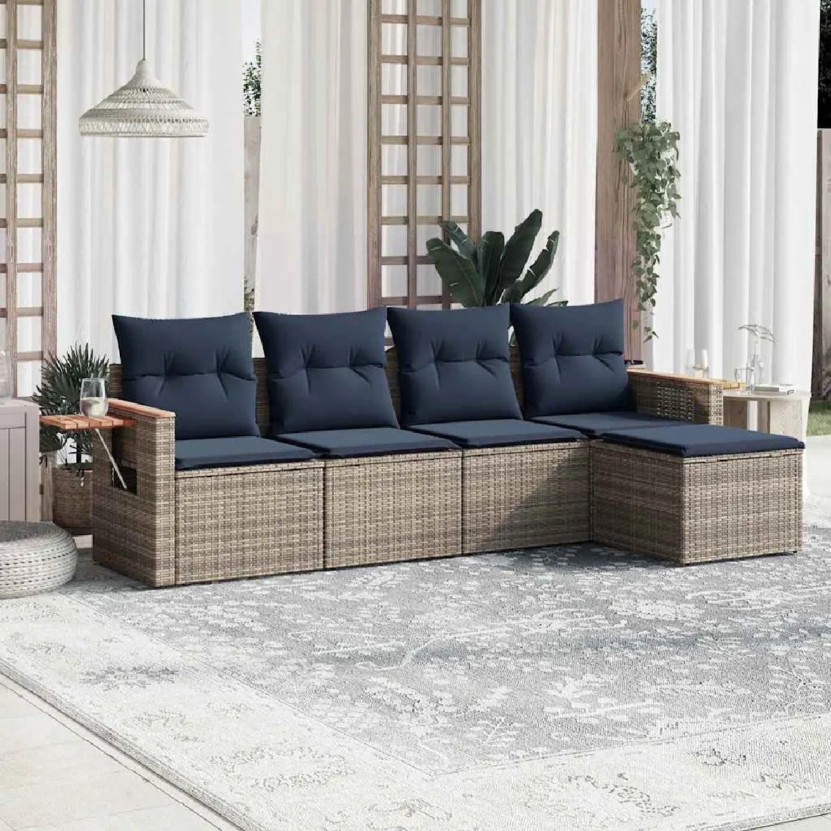 vidaXL Salon de jardin 5 pcs avec coussins gris résine tressée