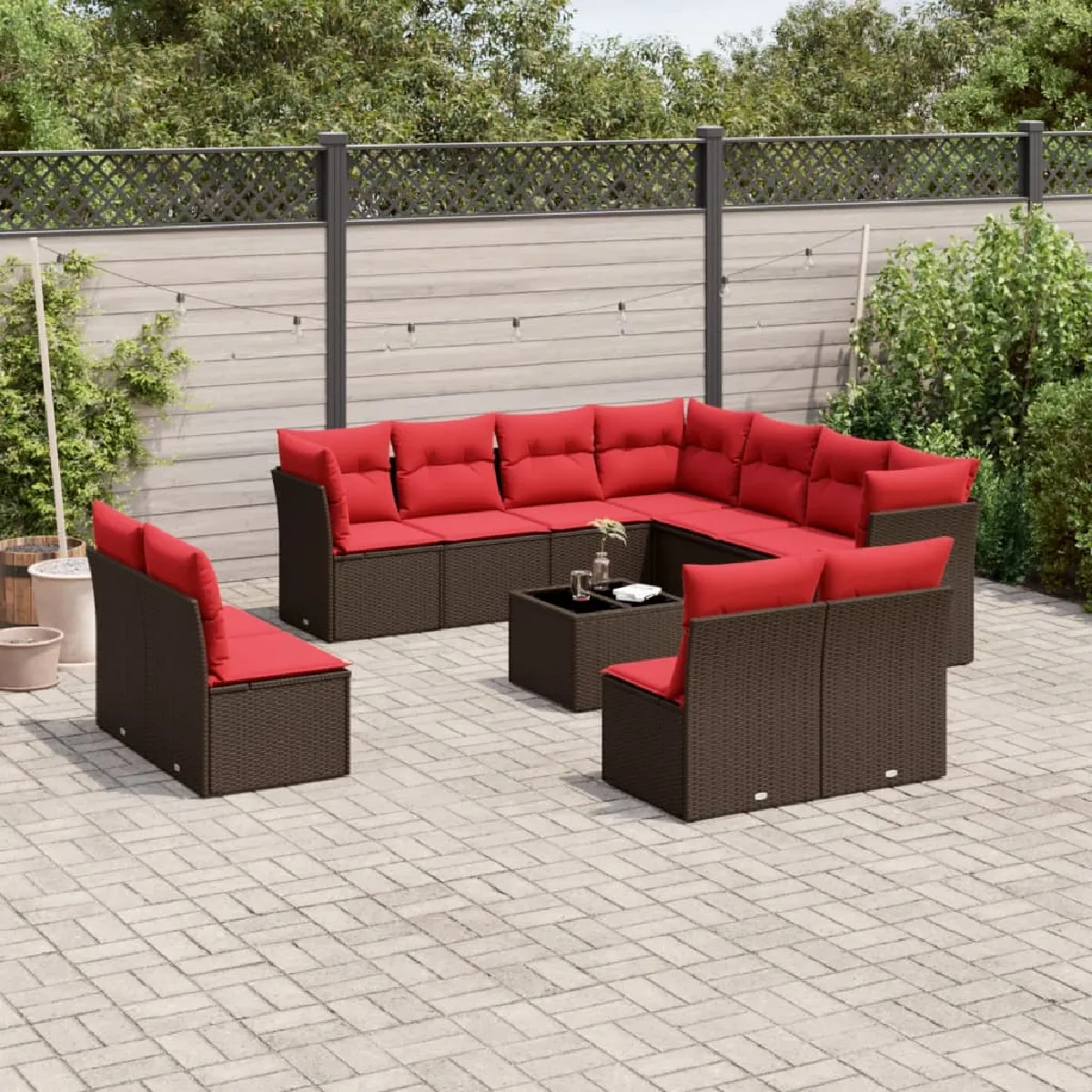 vidaXL Salon de jardin avec coussins 12 pcs marron résine tressée