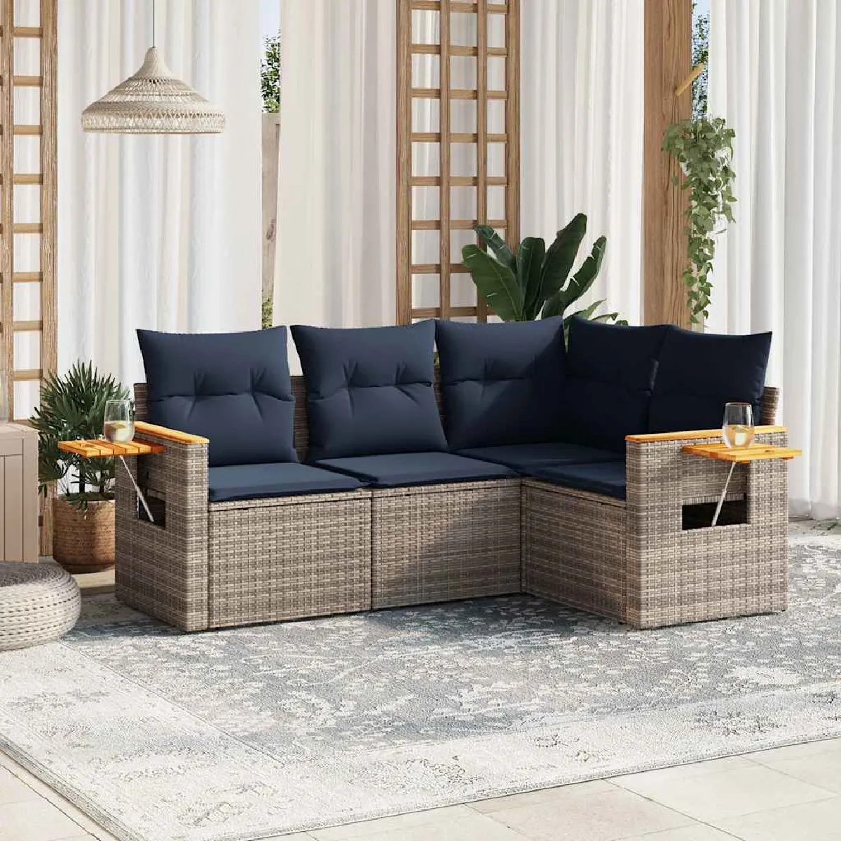 Vidaxl Gris Salon De Jardin 4 Pcs Avec Coussins Résine Tressée