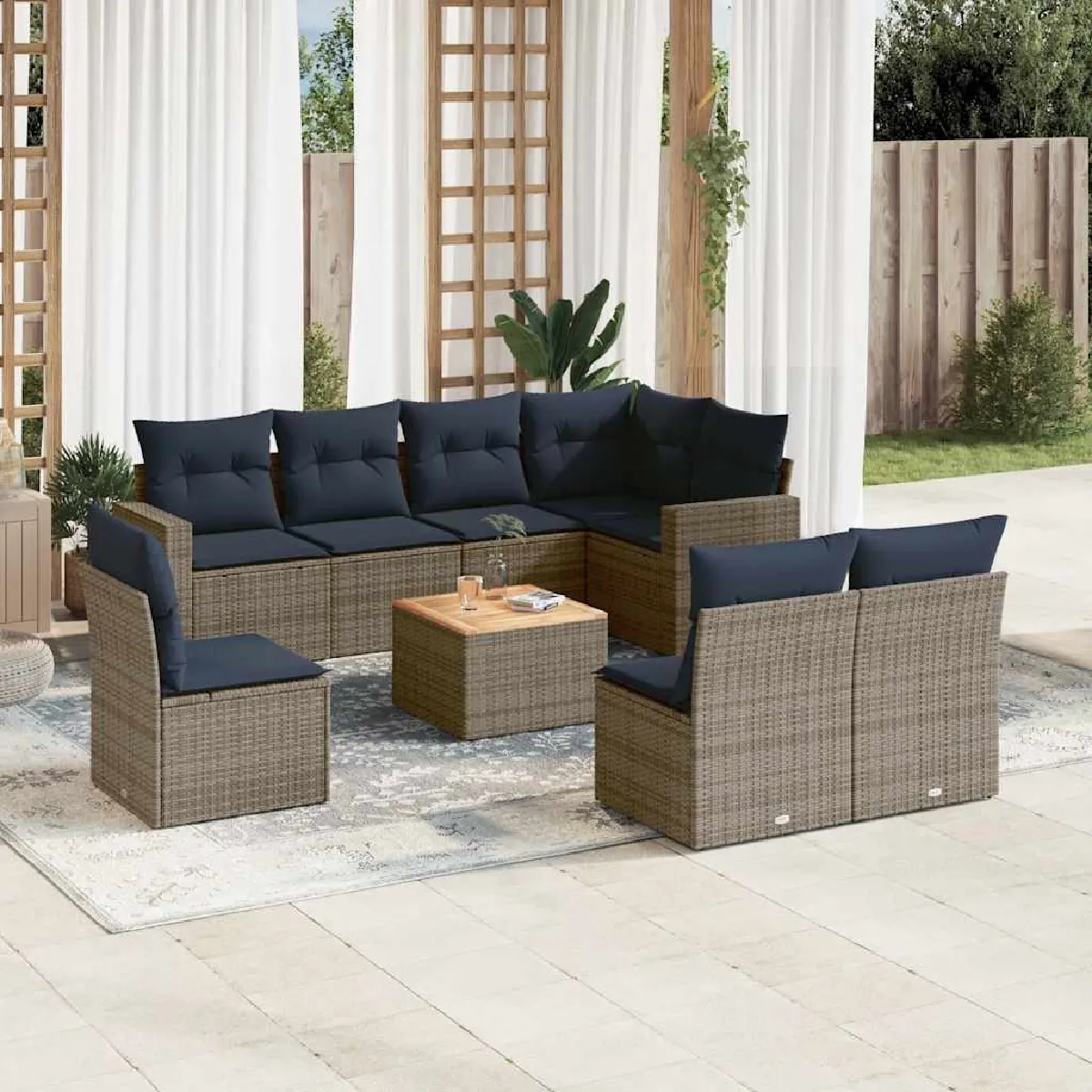 vidaXL Salon de jardin 9 pcs avec coussins gris résine tressée