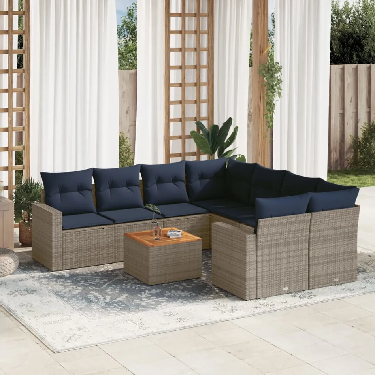 vidaXL Salon de jardin 9 pcs avec coussins gris résine tressée