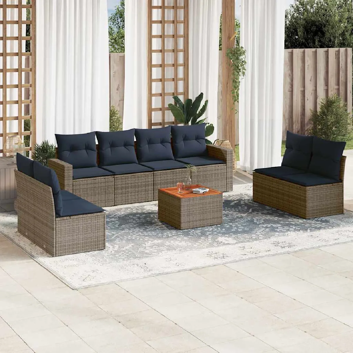 vidaXL Salon de jardin 9 pcs avec coussins gris résine tressée