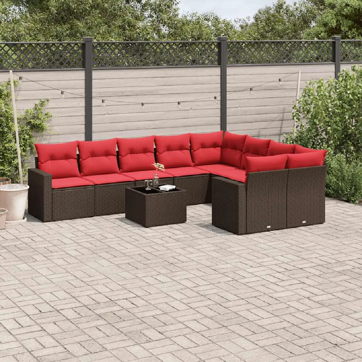 vidaXL Salon de jardin 10 pcs avec coussins marron résine tressée