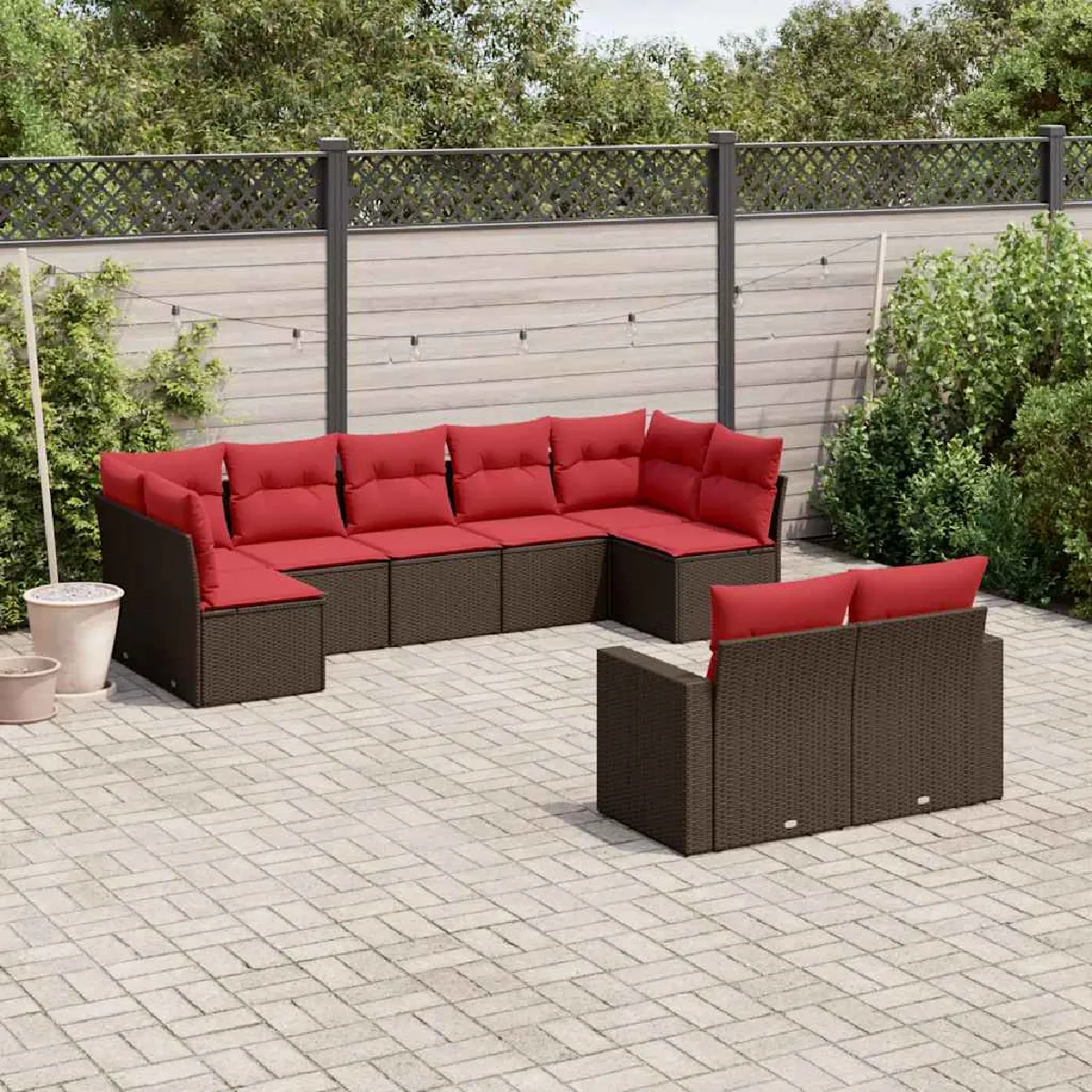 vidaXL Salon de jardin avec coussins 9 pcs marron résine tressée