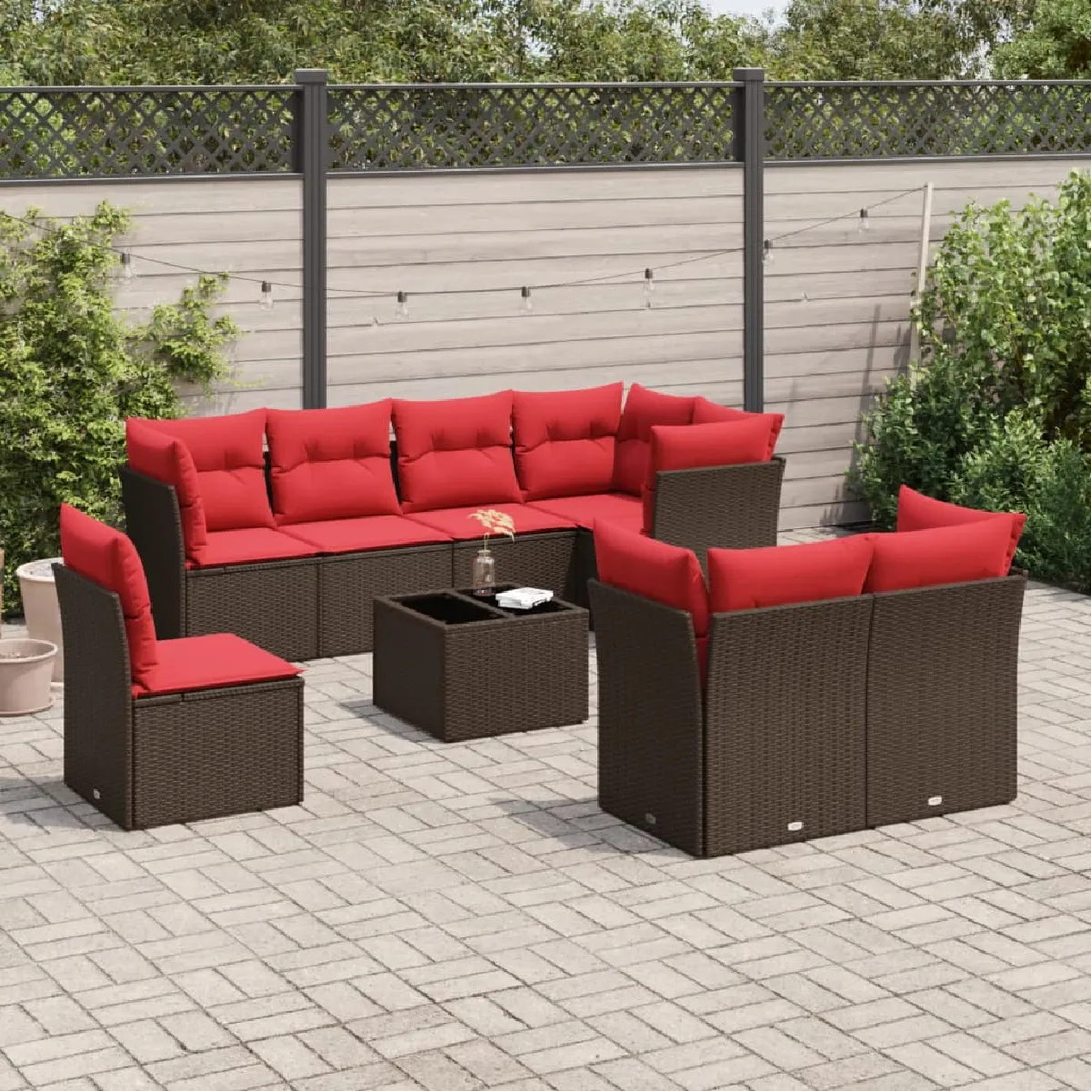 vidaXL Salon de jardin avec coussins 9 pcs marron résine tressée