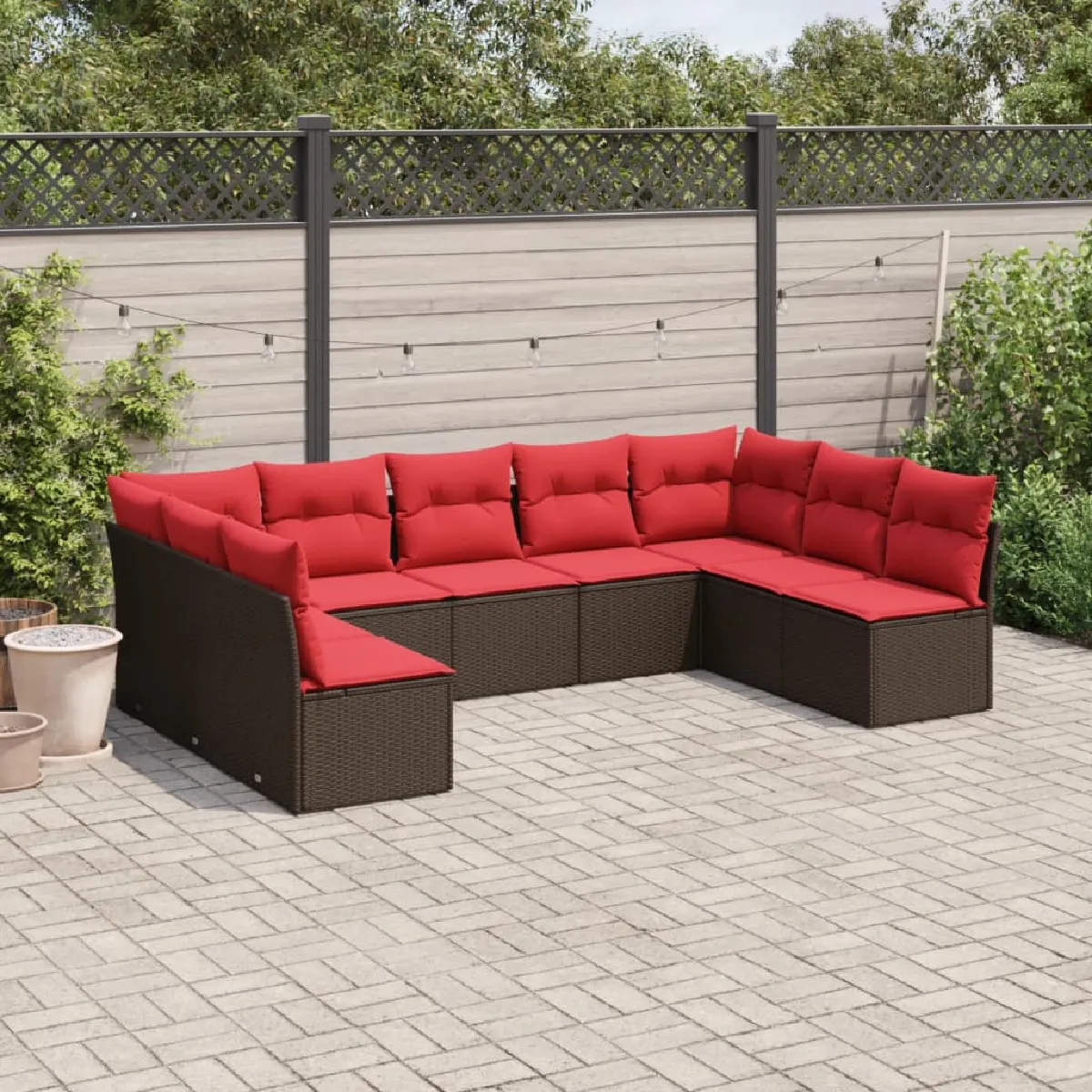 vidaXL Salon de jardin avec coussins 9 pcs marron résine tressée