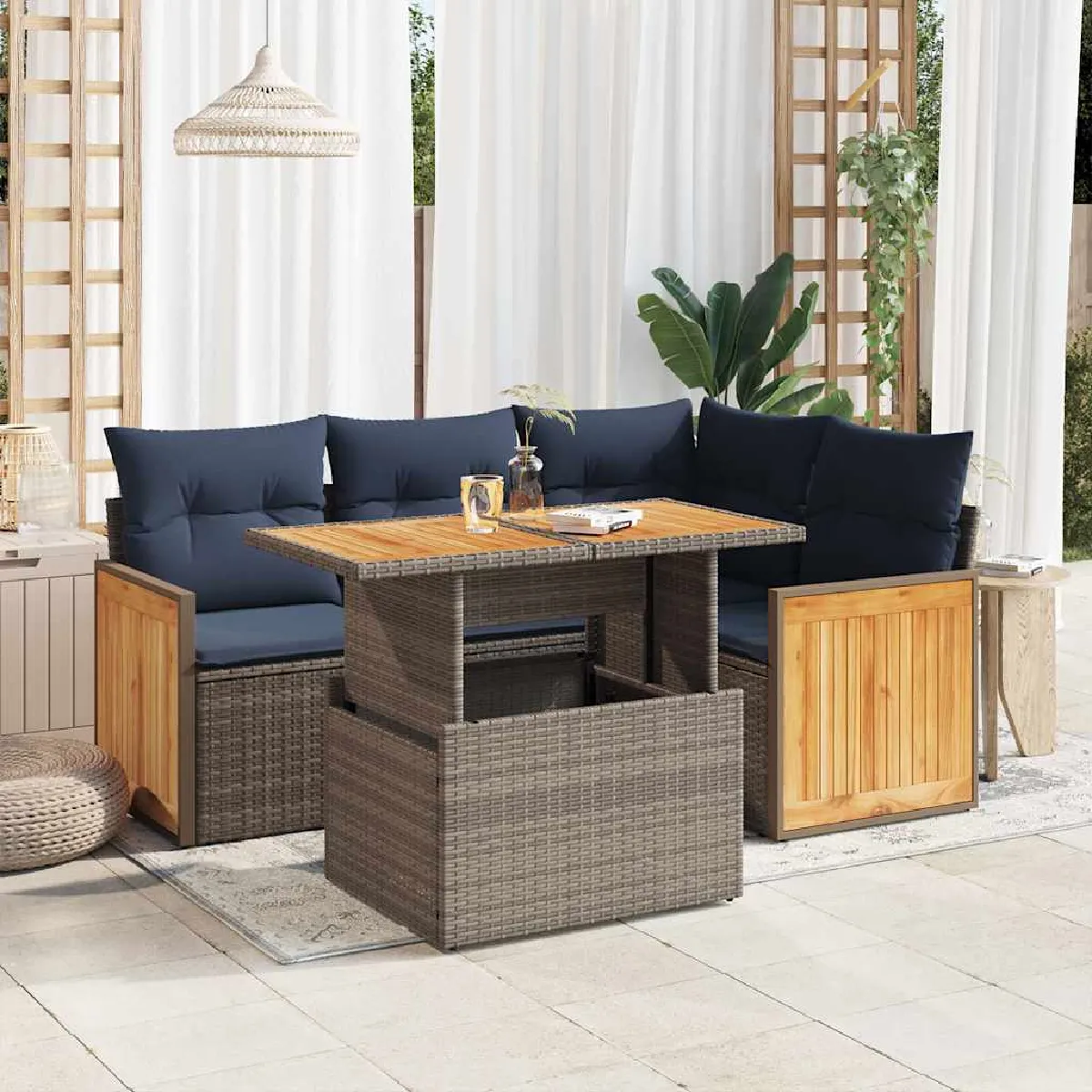 vidaXL Salon de jardin 5 pcs avec coussins résine tressée acacia - vue 2