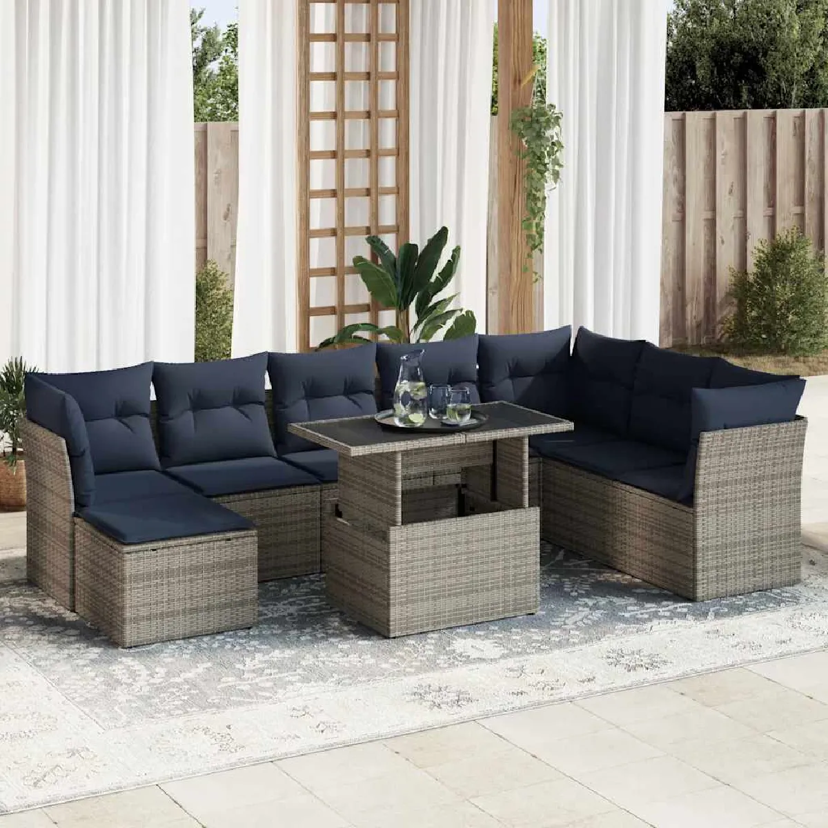 vidaXL Salon de jardin avec coussins 9 pcs résine tressée acacia - vue 8