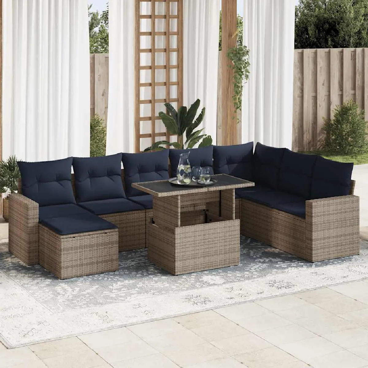 vidaXL Salon de jardin avec coussins 9 pcs résine tressée acacia