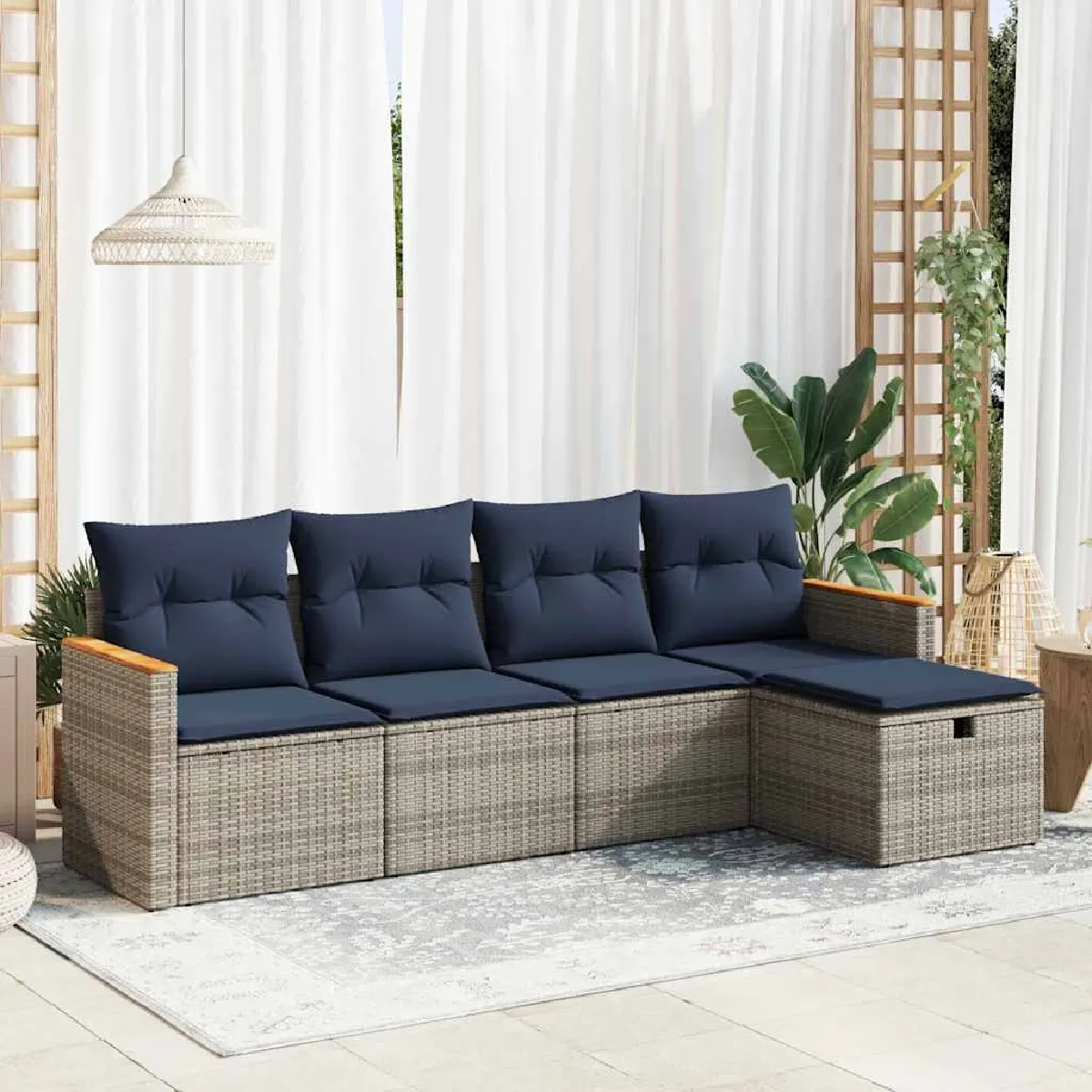 vidaXL Salon de jardin 5 pcs avec coussins gris résine tressée