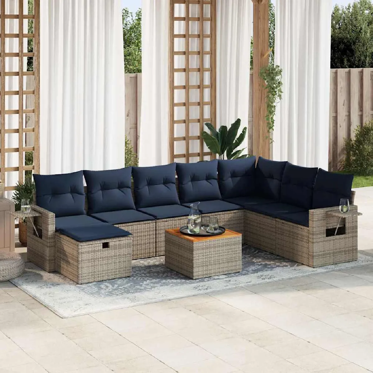vidaXL Salon de jardin 9 pcs avec coussins gris résine tressée