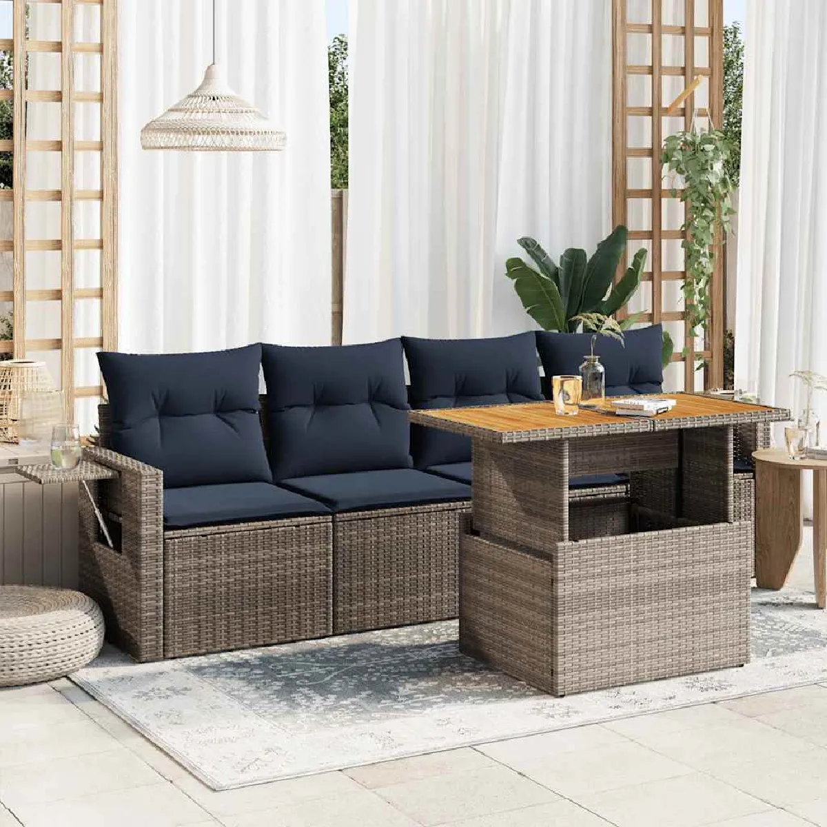 vidaXL Salon de jardin 5 pcs avec coussins gris résine tressée