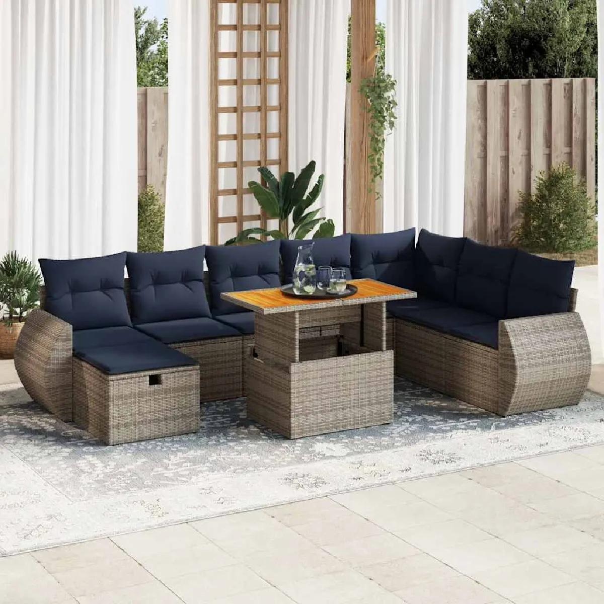 vidaXL Salon de jardin avec coussins 9 pcs résine tressée acacia - vue 4