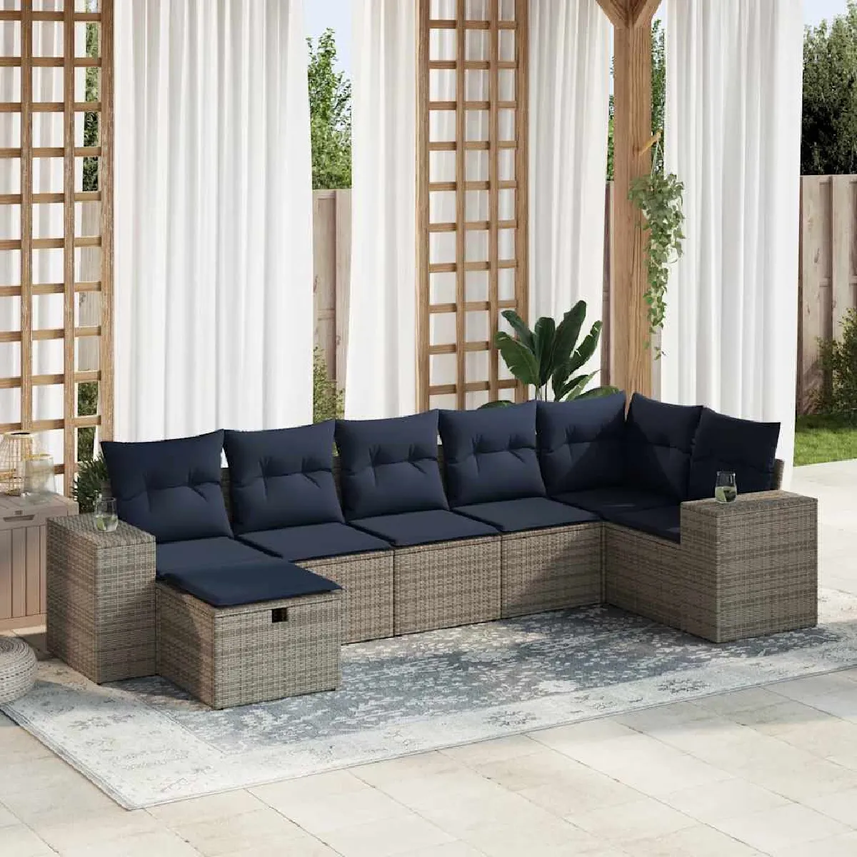 vidaXL Salon de jardin avec coussins 7 pcs gris résine tressée