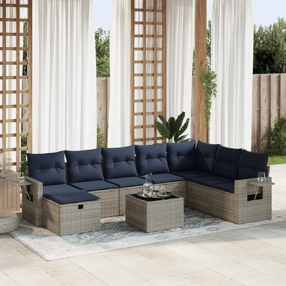vidaXL Salon de jardin 9 pcs avec coussins gris résine tressée