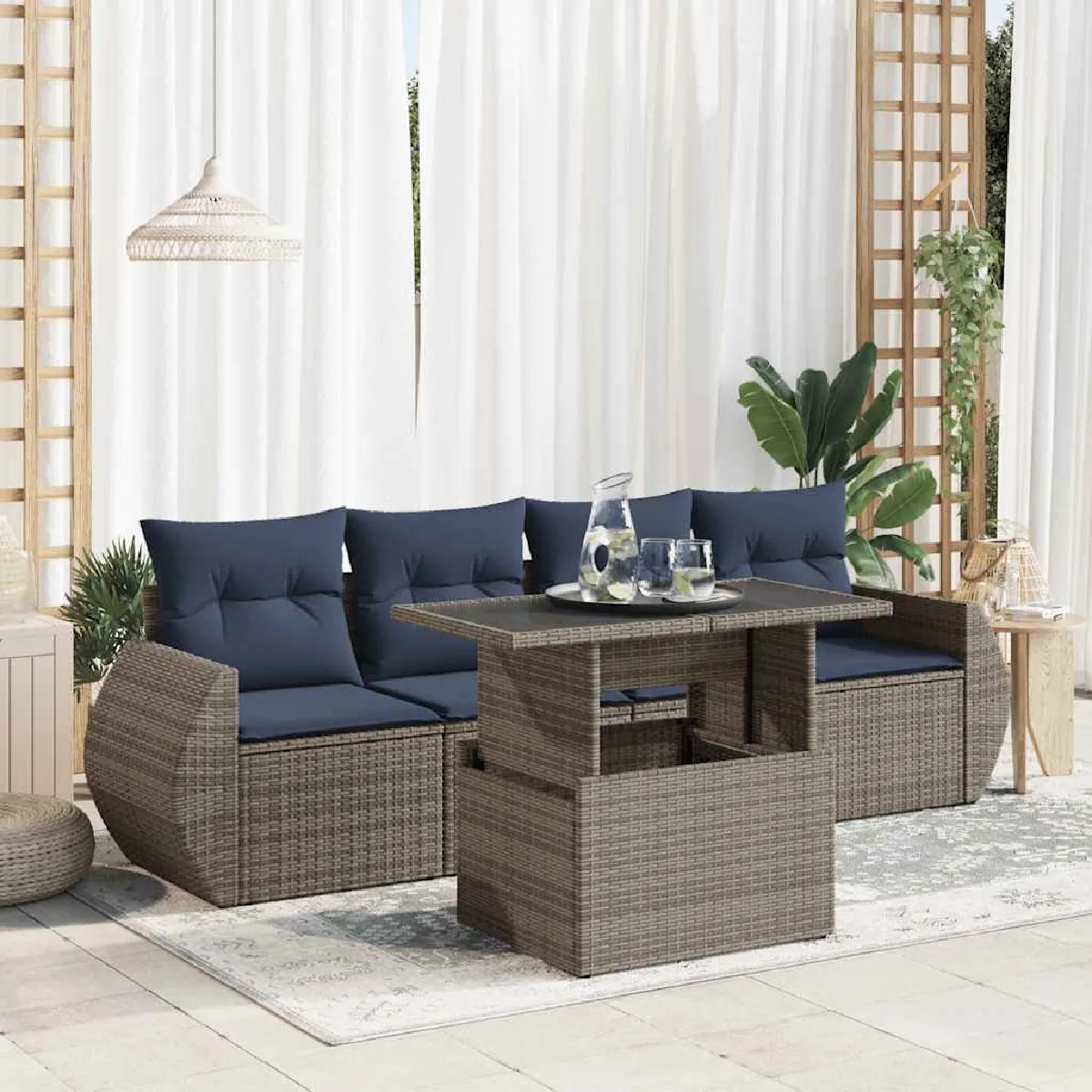 vidaXL Salon de jardin 5 pcs avec coussins gris résine tressée acacia