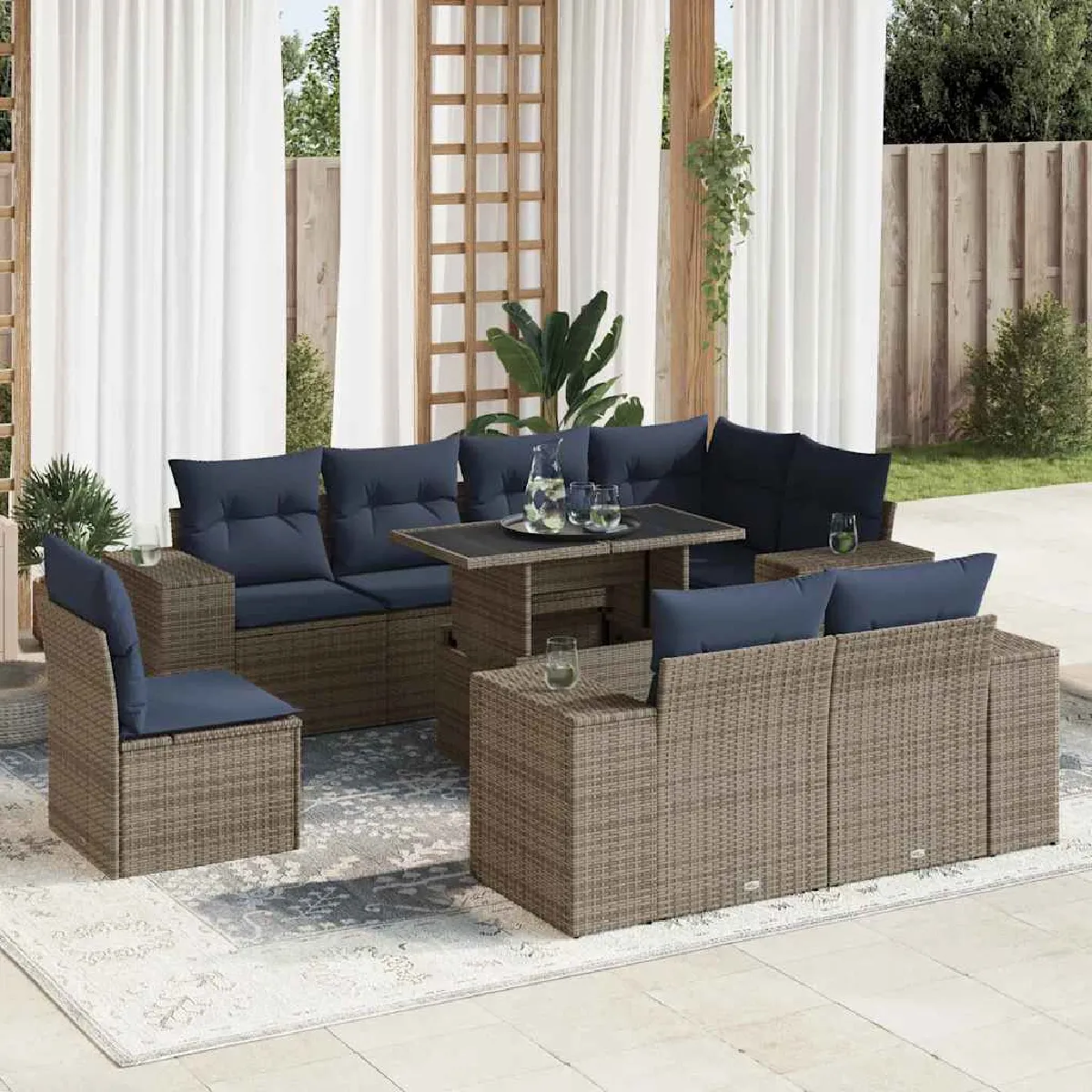 vidaXL Salon de jardin avec coussins 9 pcs résine tressée acacia - vue 7