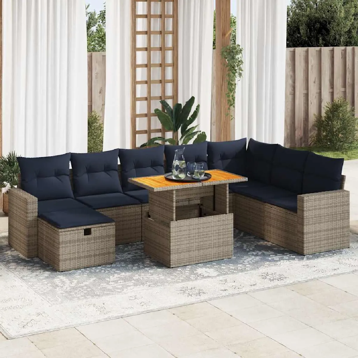 vidaXL Salon de jardin avec coussins 9 pcs gris résine tressée acacia