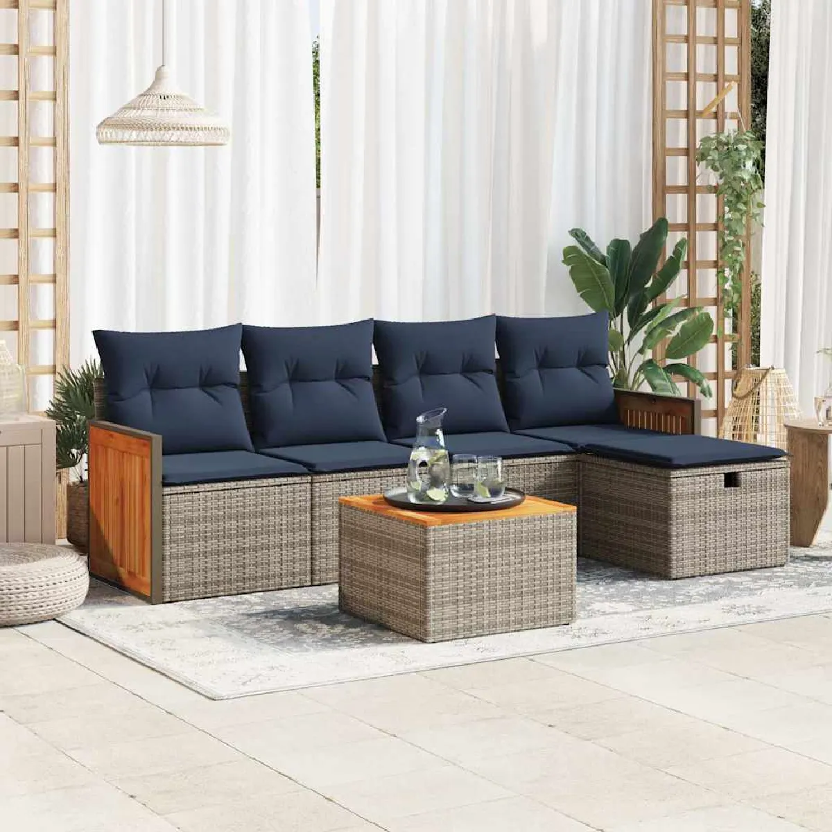 Vidaxl Gris Salon De Jardin 6 Pcs Avec Coussins Résine Tressée 3326023 - Image 3