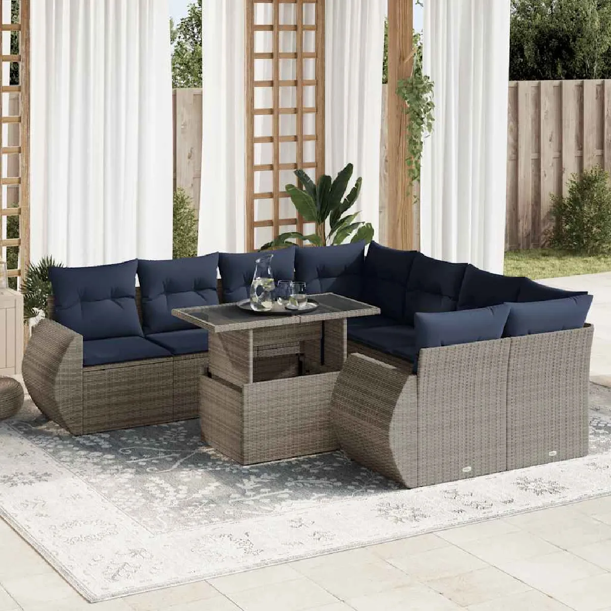 vidaXL Salon de jardin avec coussins 9 pcs résine tressée acacia - vue 5