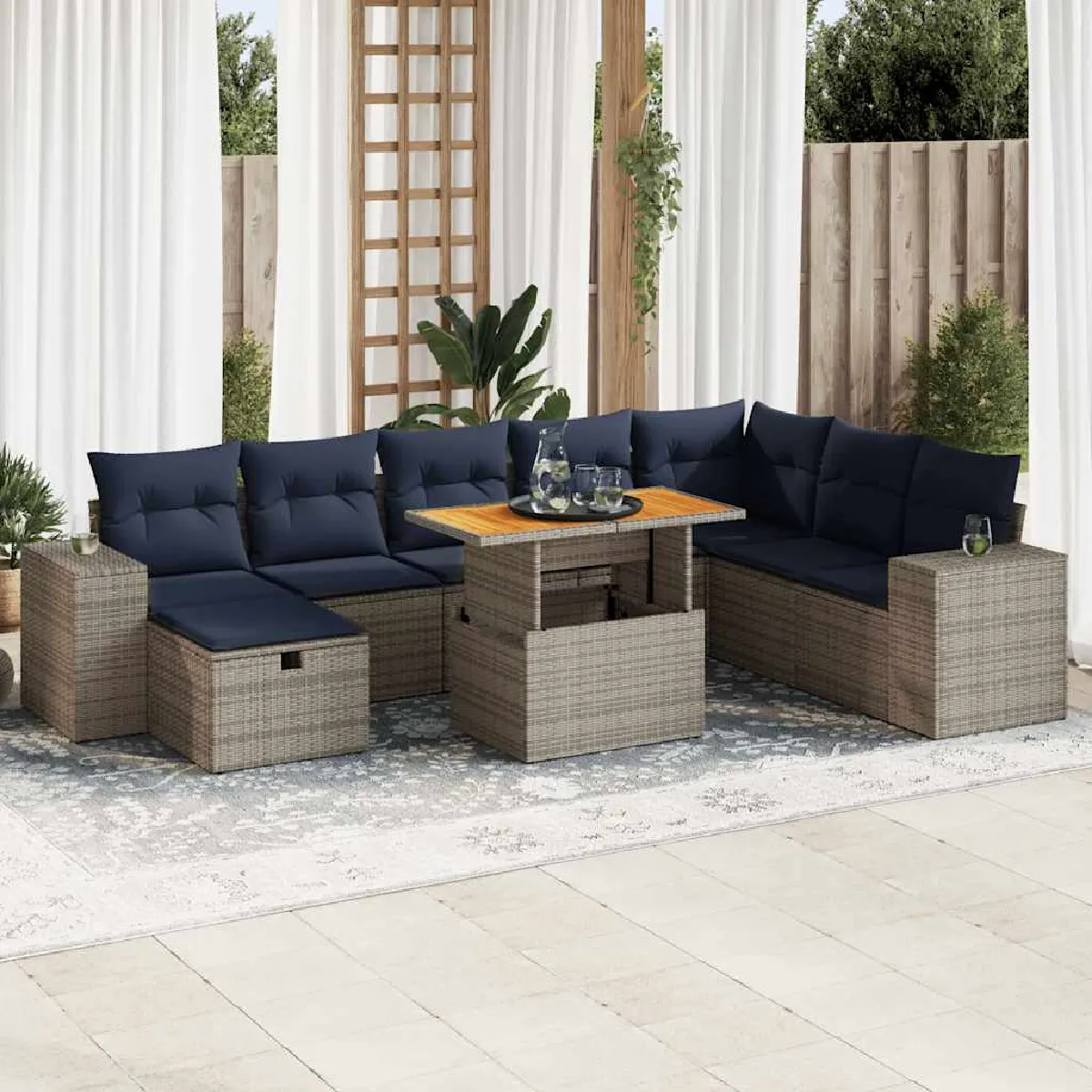 vidaXL Salon de jardin avec coussins 9 pcs résine tressée acacia - vue 2