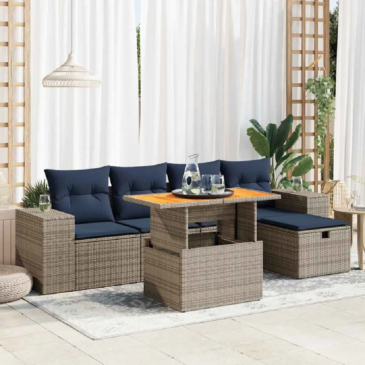 vidaXL Salon de jardin 6 pcs avec coussins résine tressée acacia