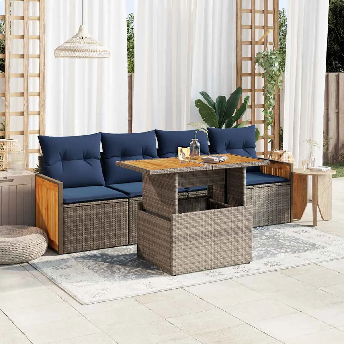 vidaXL Salon de jardin 5 pcs avec coussins résine tressée acacia - vue 3