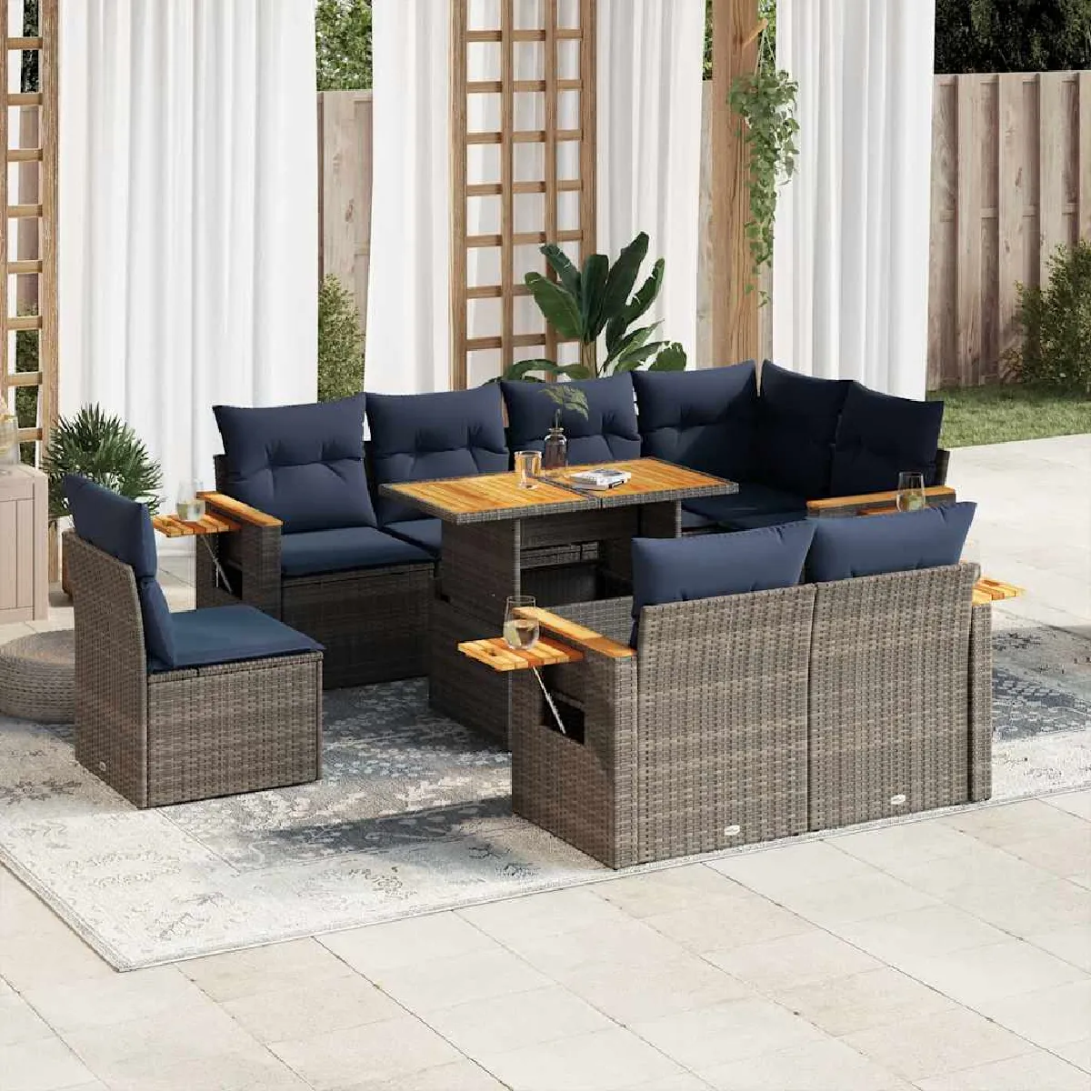 vidaXL Salon de jardin avec coussins 9 pcs résine tressée acacia - vue 3