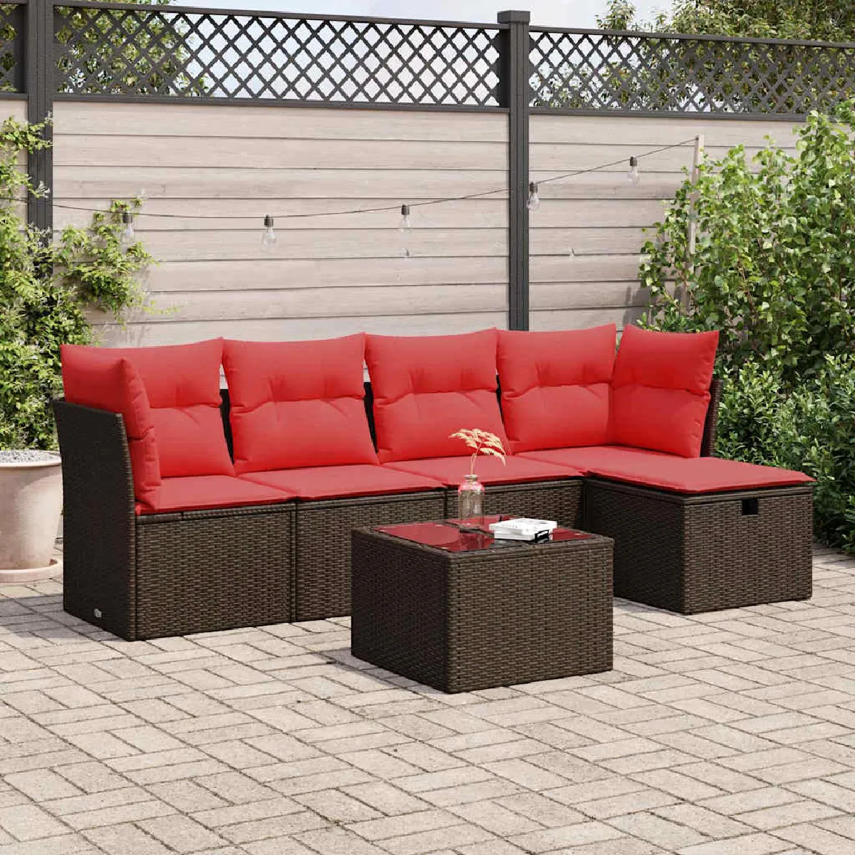 vidaXL Salon de jardin avec coussins 6 pcs marron résine tressée
