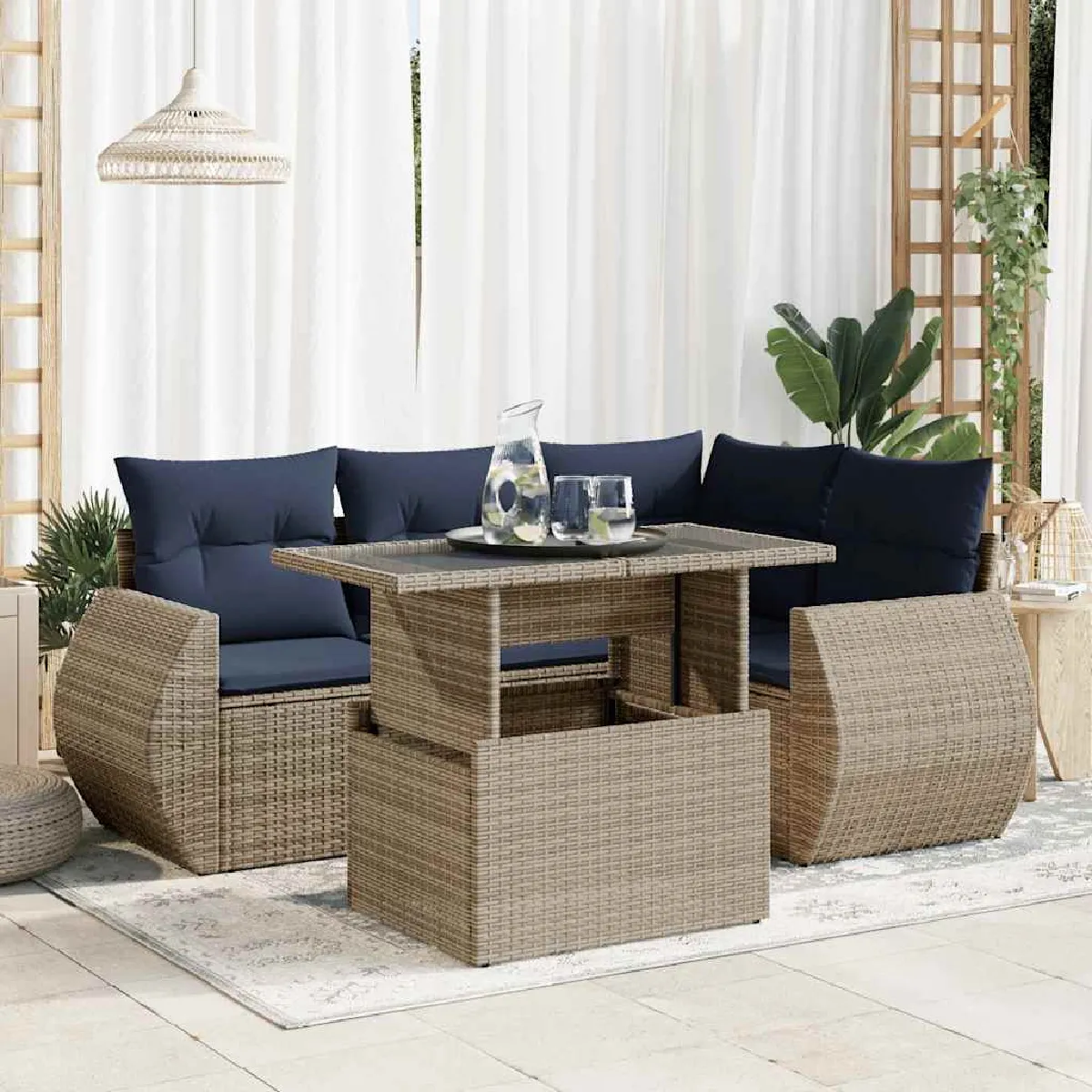 vidaXL Salon de jardin 5 pcs avec coussins résine tressée acacia