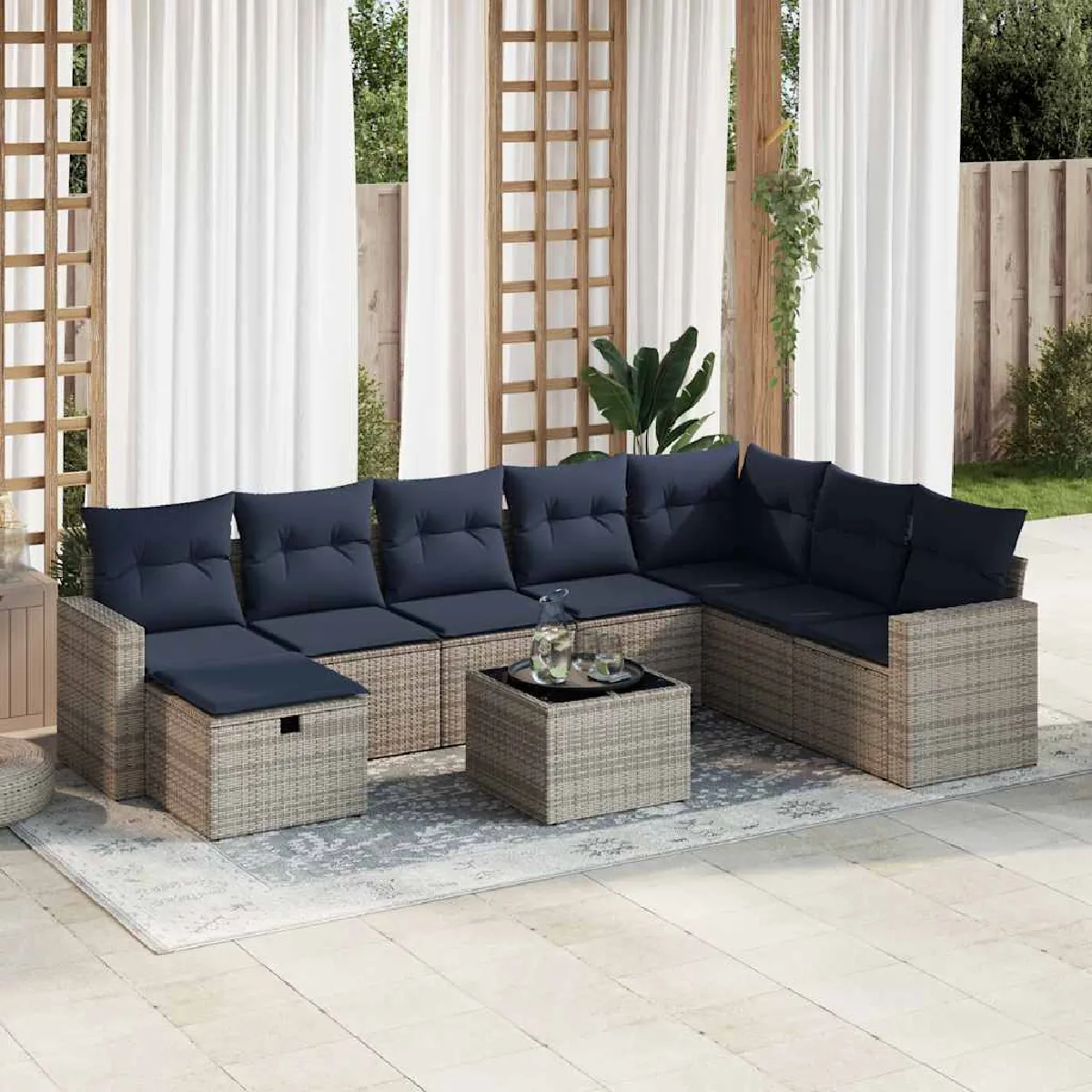 vidaXL Salon de jardin 9 pcs avec coussins gris résine tressée