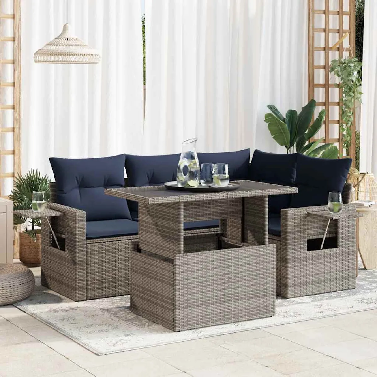 vidaXL Salon de jardin 5 pcs avec coussins résine tressée acacia - vue 4