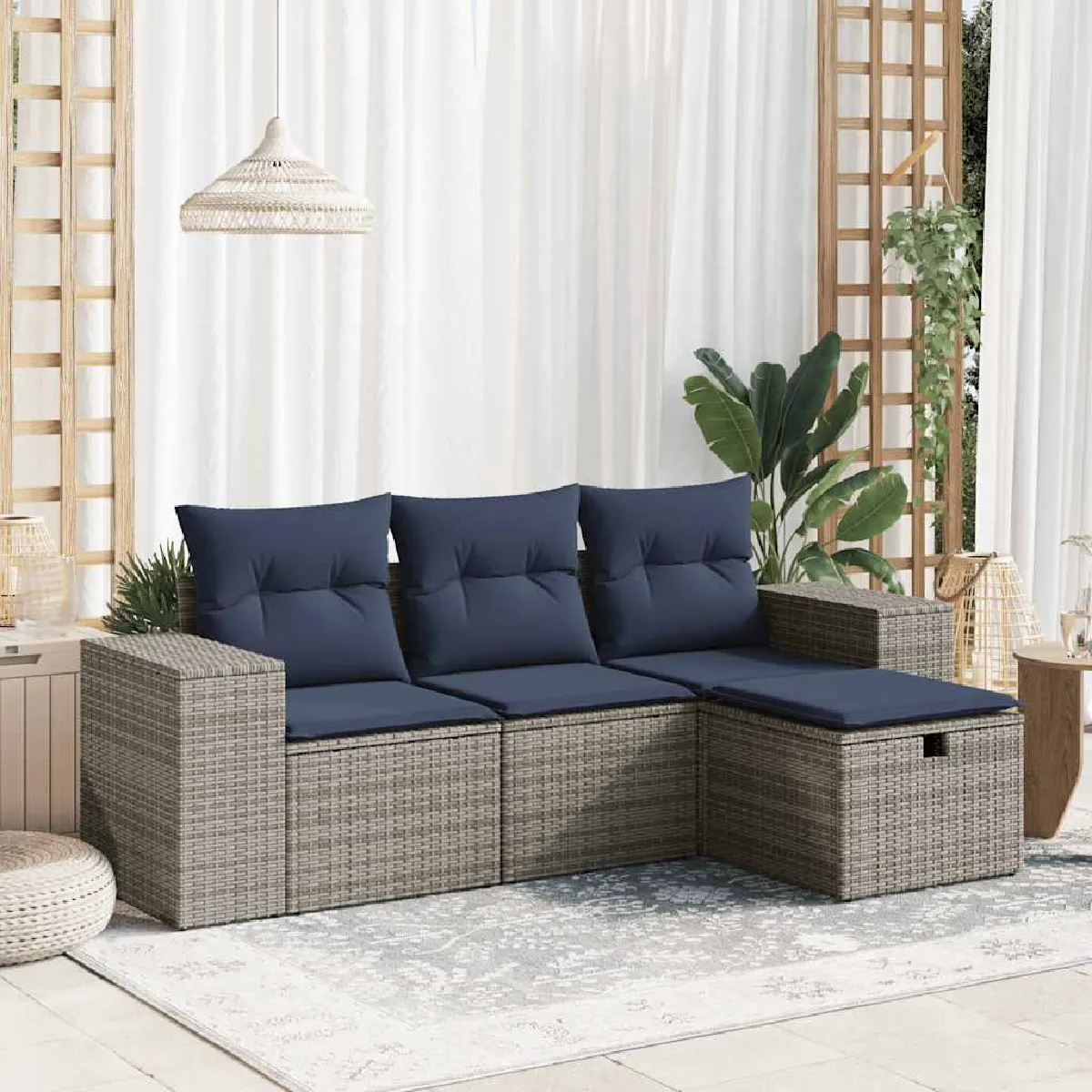 Vidaxl Gris Salon De Jardin 4 Pcs Avec Coussins Résine Tressée