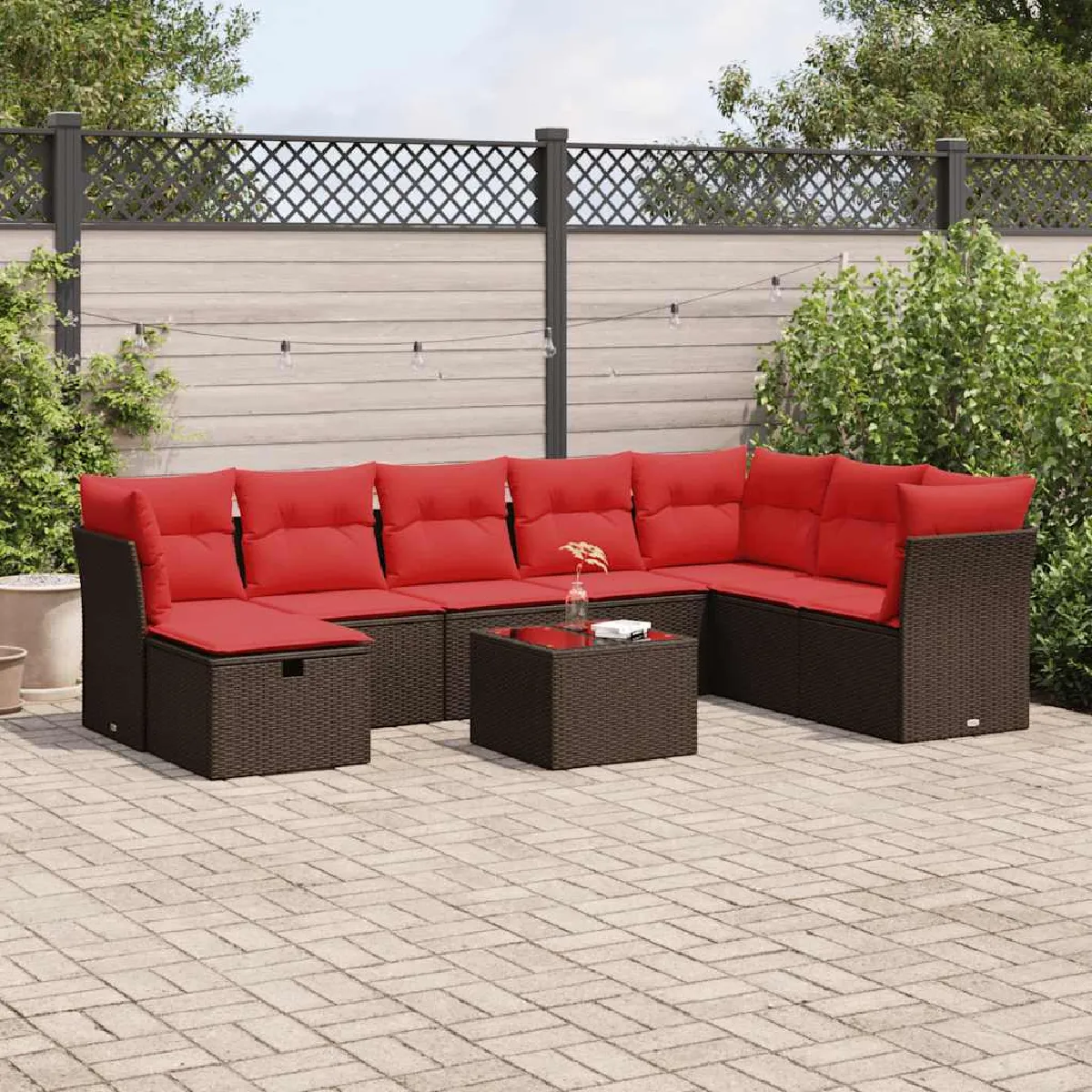 vidaXL Salon de jardin avec coussins 9 pcs marron résine tressée