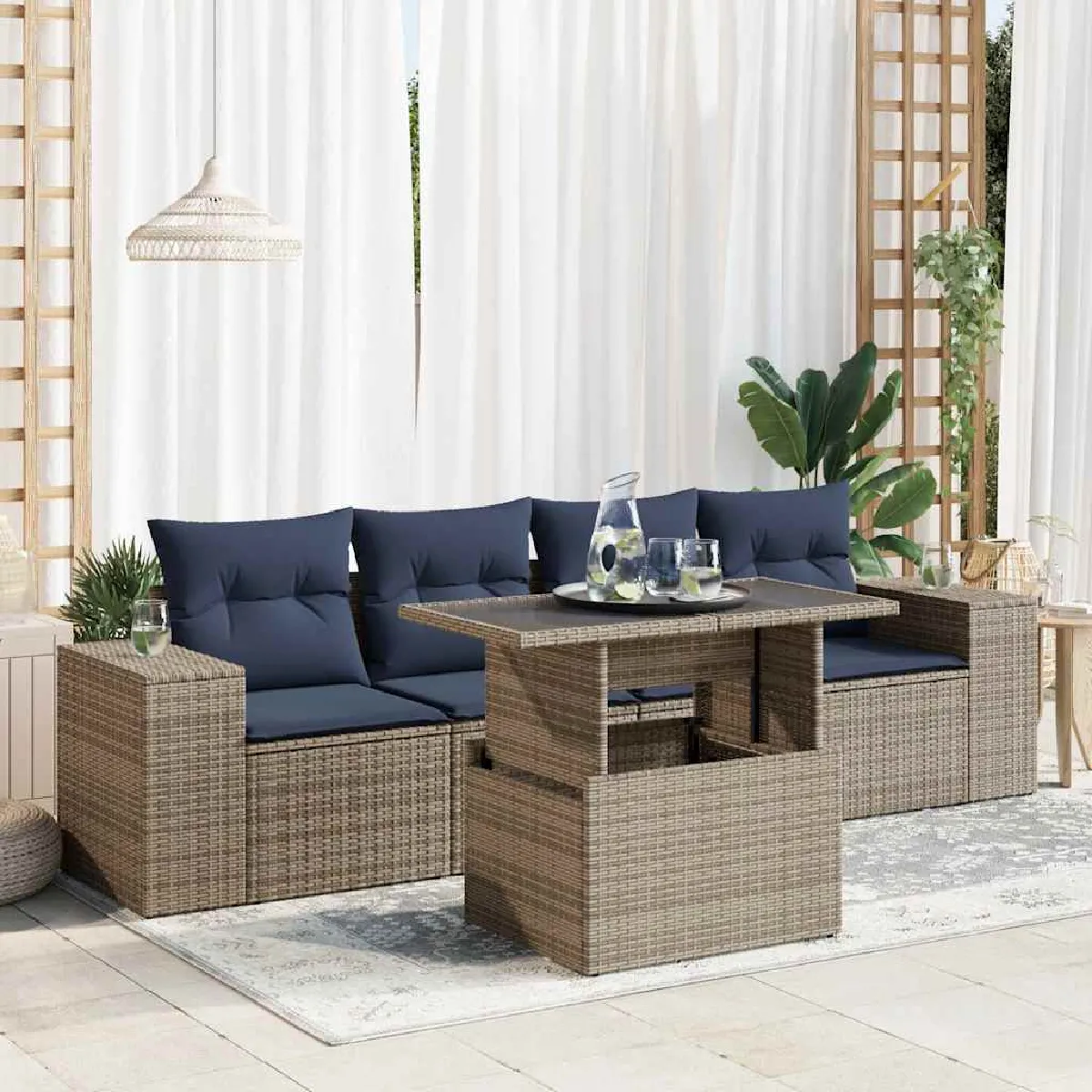 vidaXL Salon de jardin 5 pcs avec coussins résine tressée acacia - vue 9