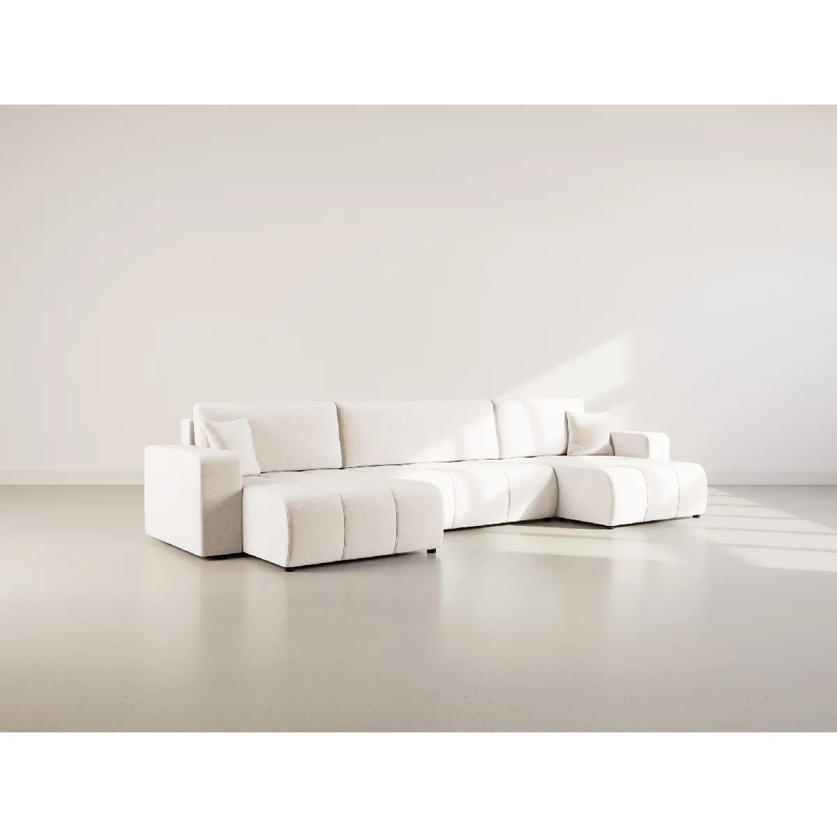 Nicole - Canap panoramique en U 7 places convertible avec coffre en tissu - Beige