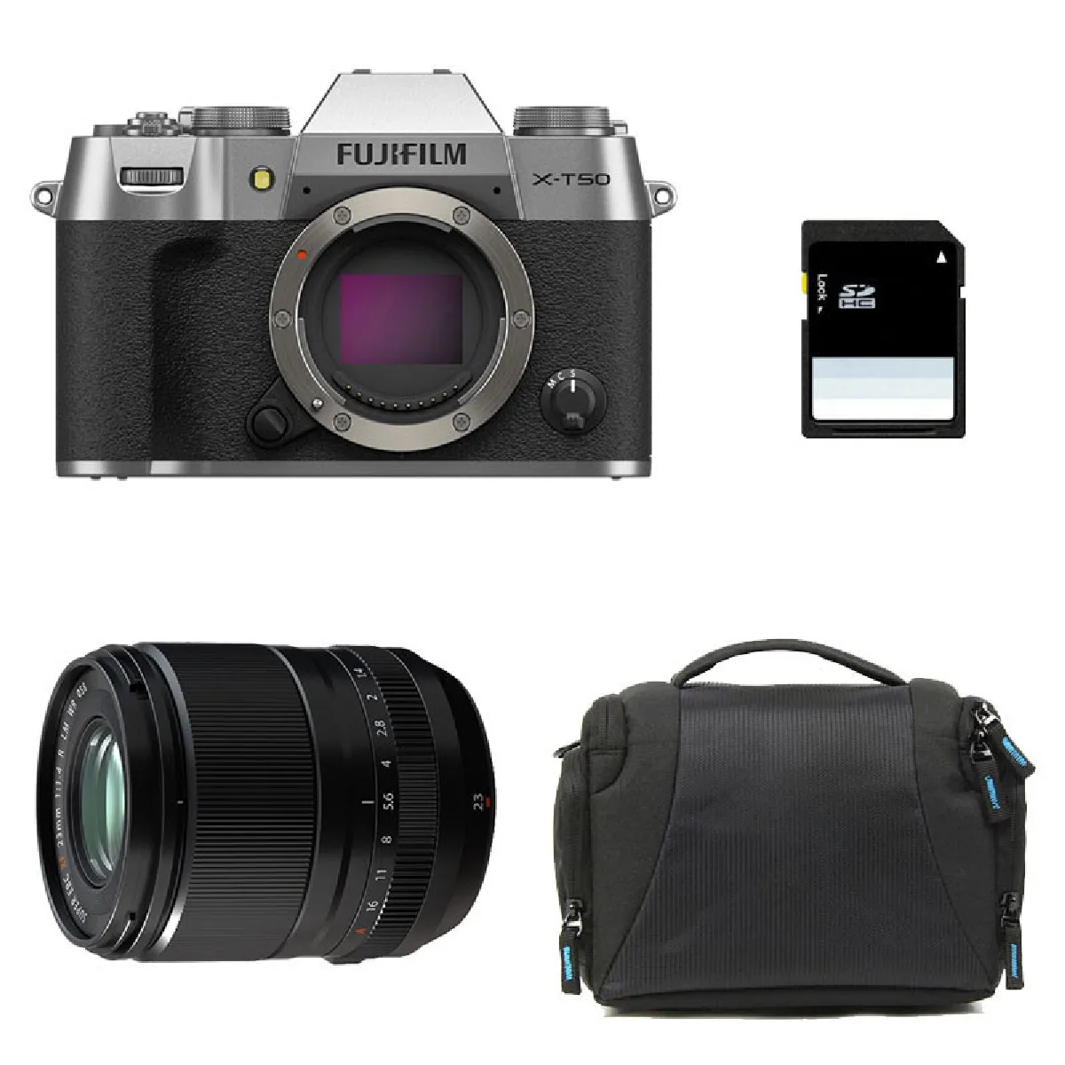 FUJIFILM X-T50 Silver + 23mm f/1.4 WR + Sac + Carte SD 8 Go