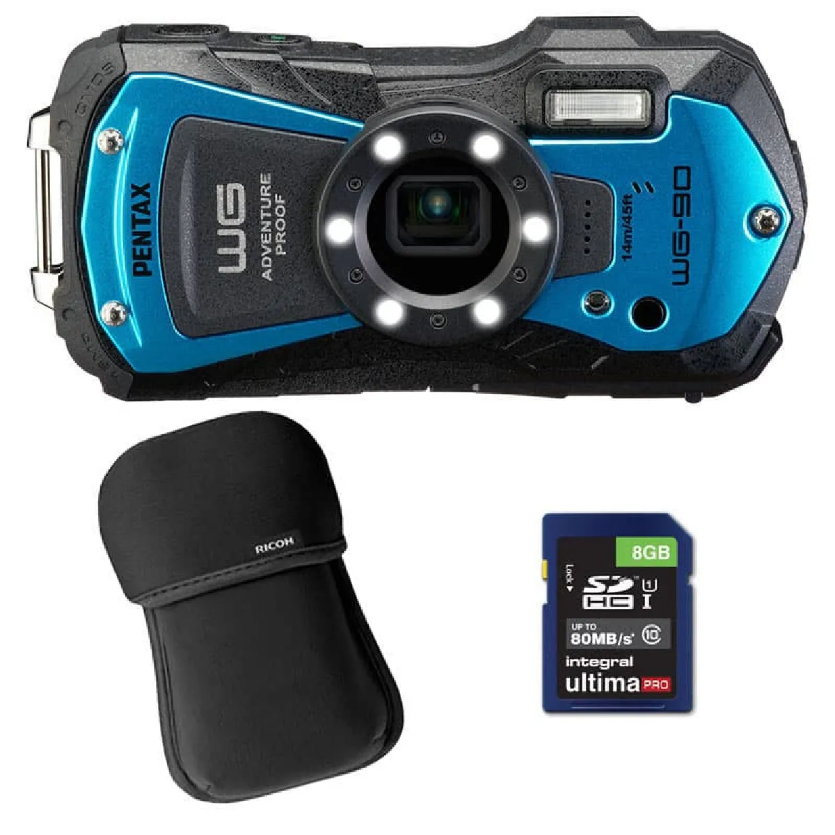 PENTAX  Compact &eacute;tanche WG-90 Bleu + Etui + SD 8 Go